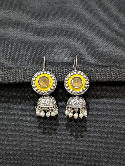 Oxidized silver Enamel CZ Hook drop Jhumka Earrings