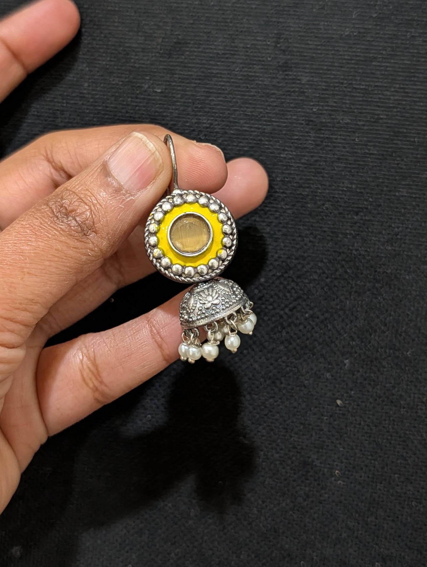 Oxidized silver Enamel CZ Hook drop Jhumka Earrings - Simpliful