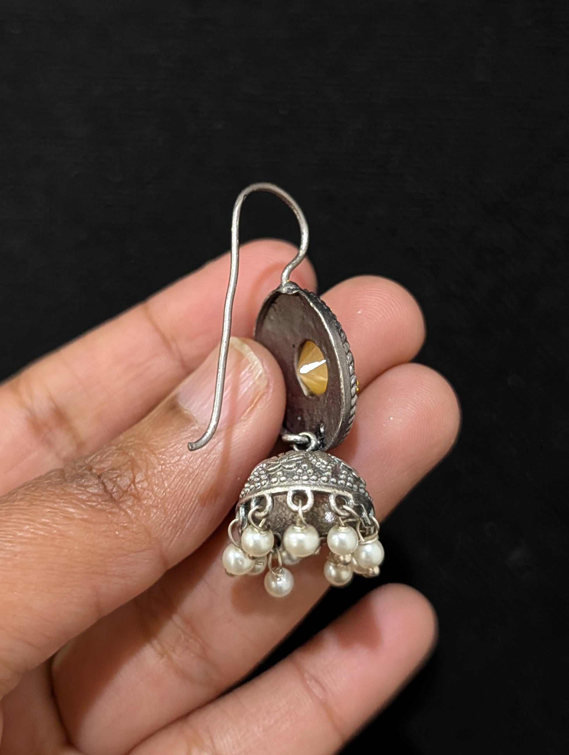 Oxidized silver Enamel CZ Hook drop Jhumka Earrings - Simpliful