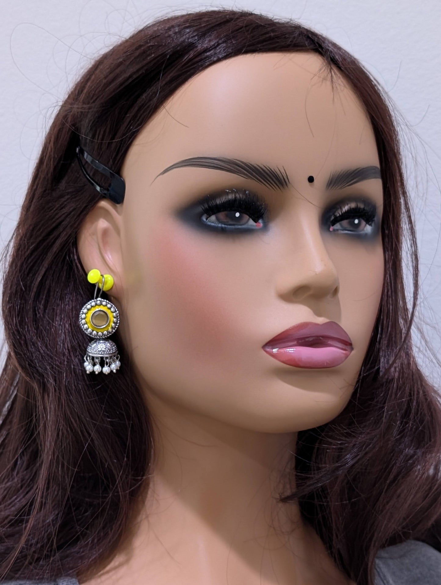 Oxidized silver Enamel CZ Hook drop Jhumka Earrings - Simpliful