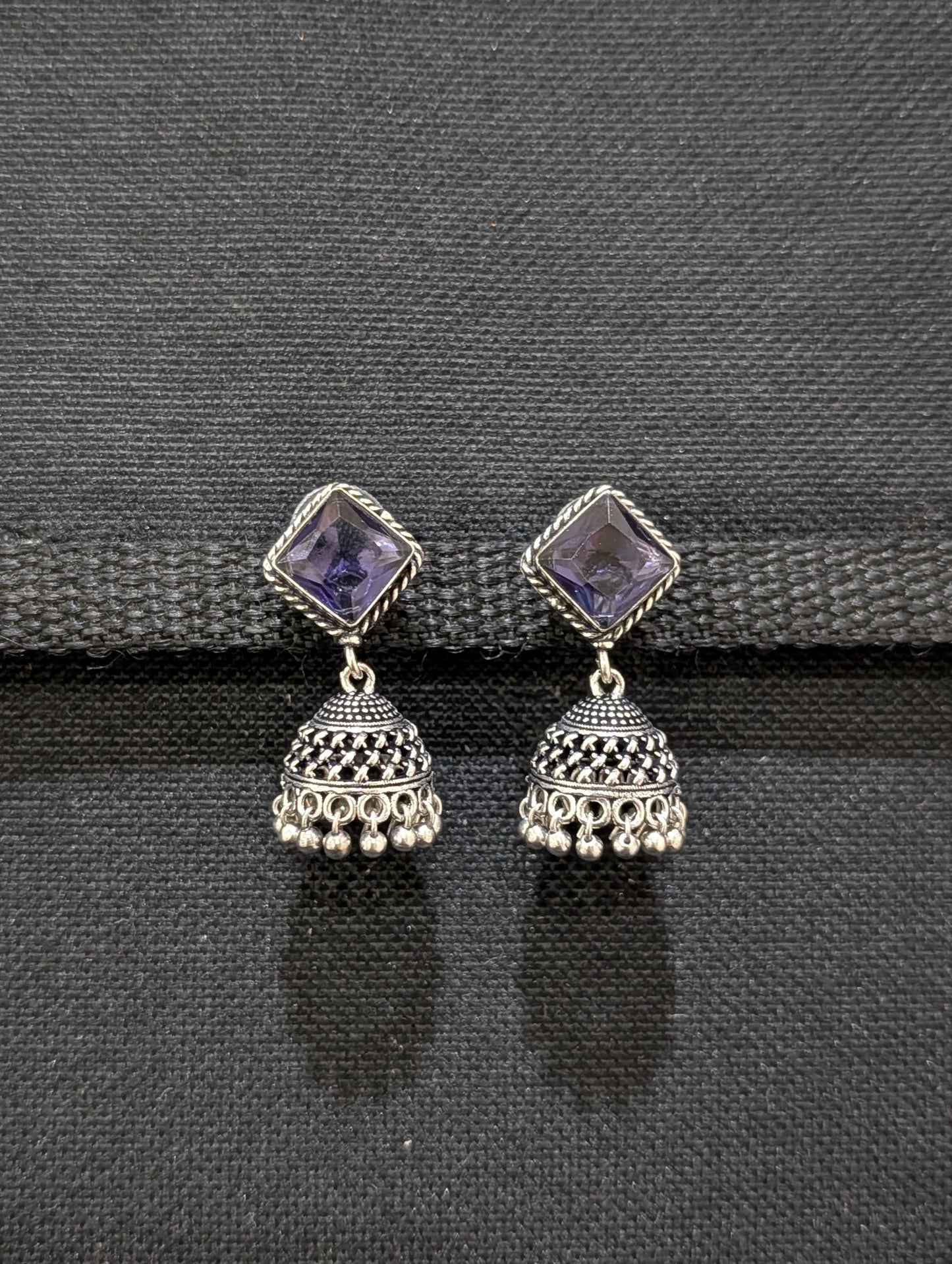 Oxidized silver diamond stud Jhumka earrings - Simpliful