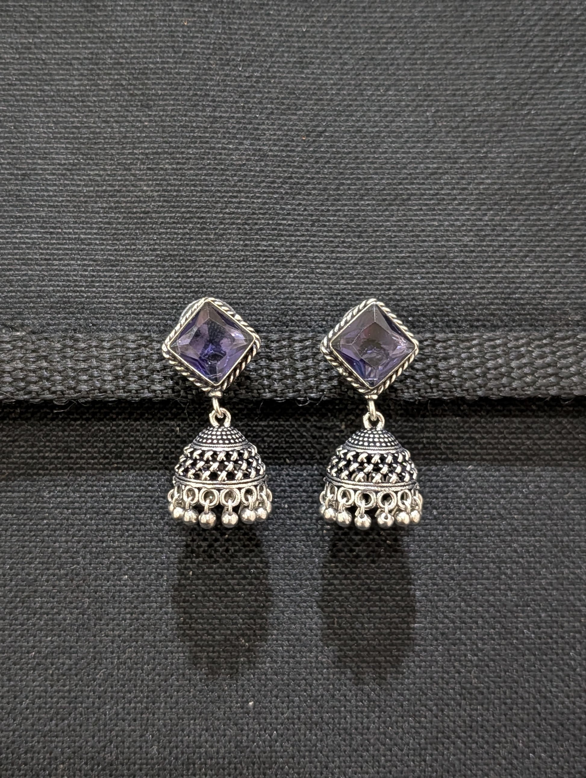 Oxidized silver diamond stud Jhumka earrings - Simpliful