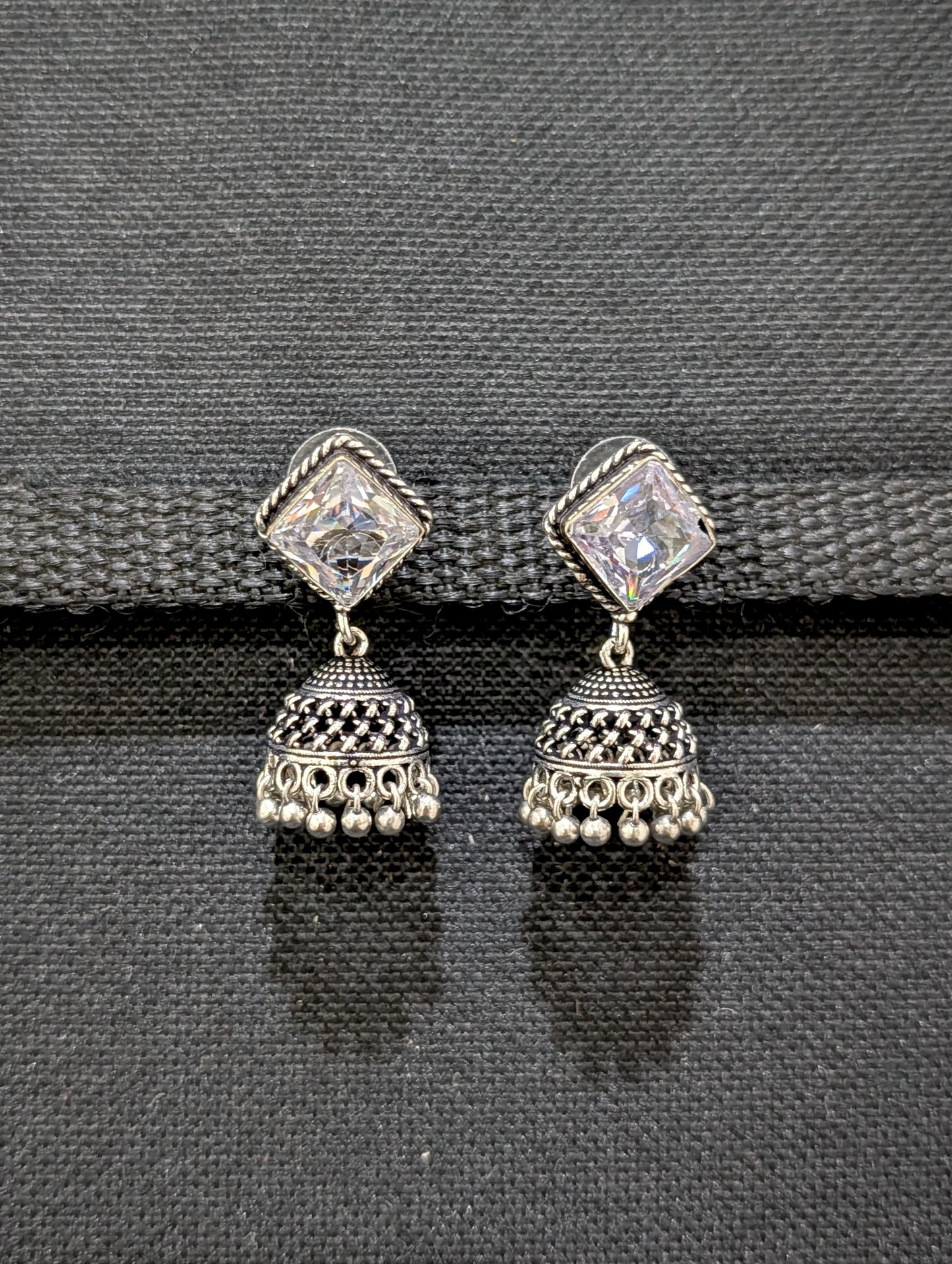 Oxidized silver diamond stud Jhumka earrings - Simpliful