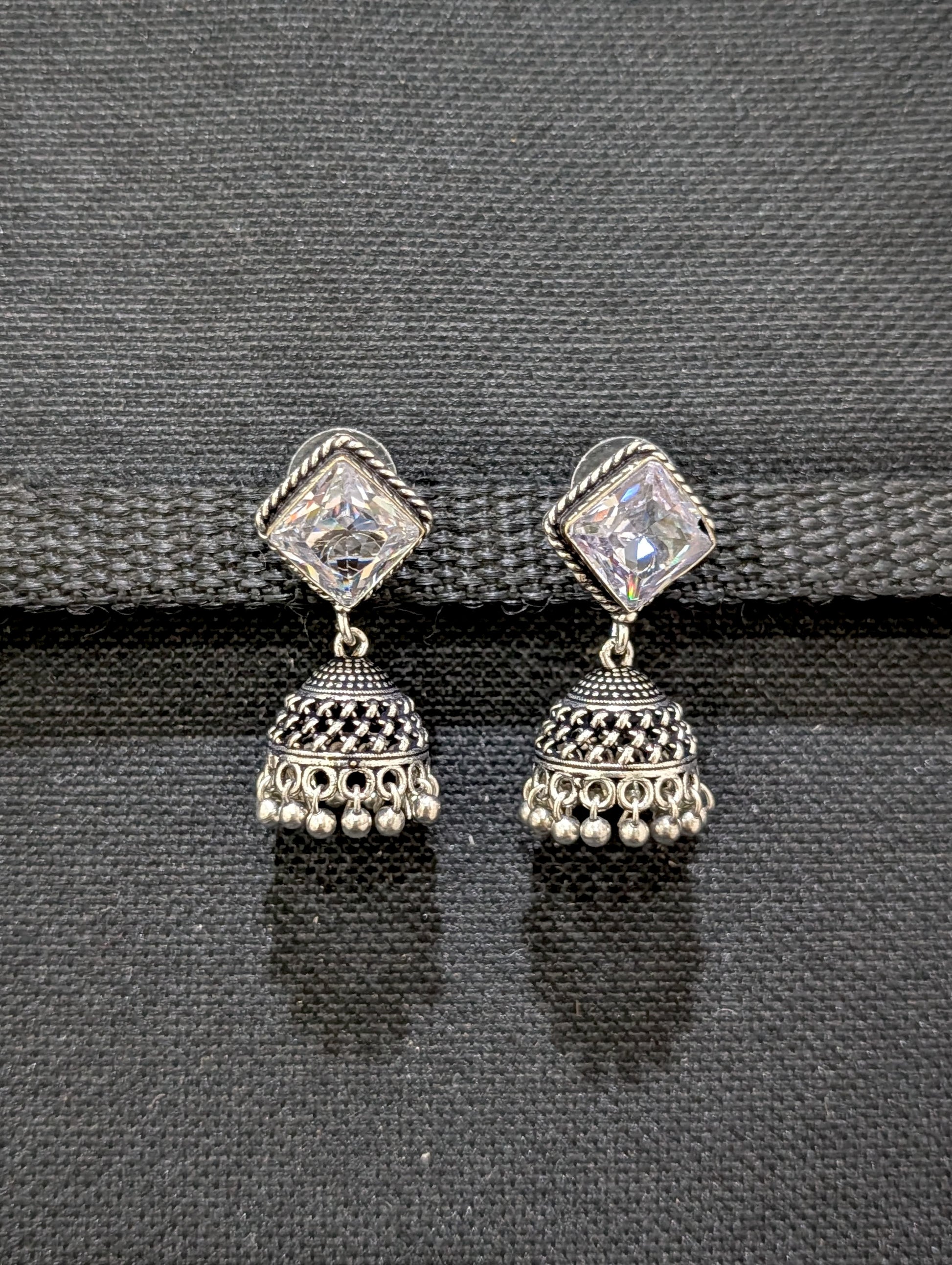 Oxidized silver diamond stud Jhumka earrings - Simpliful