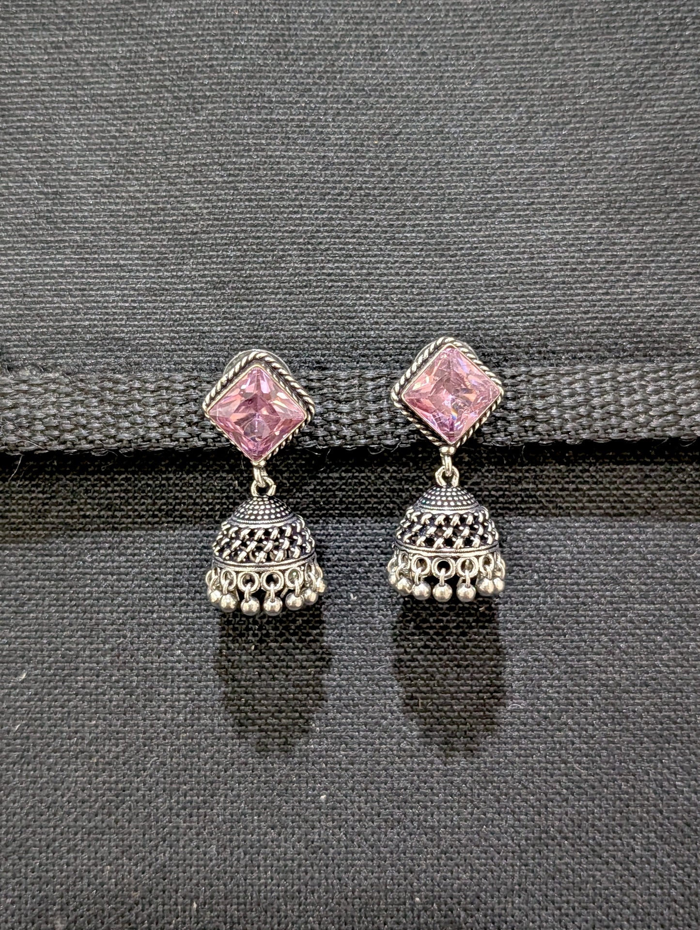 Oxidized silver diamond stud Jhumka earrings - Simpliful
