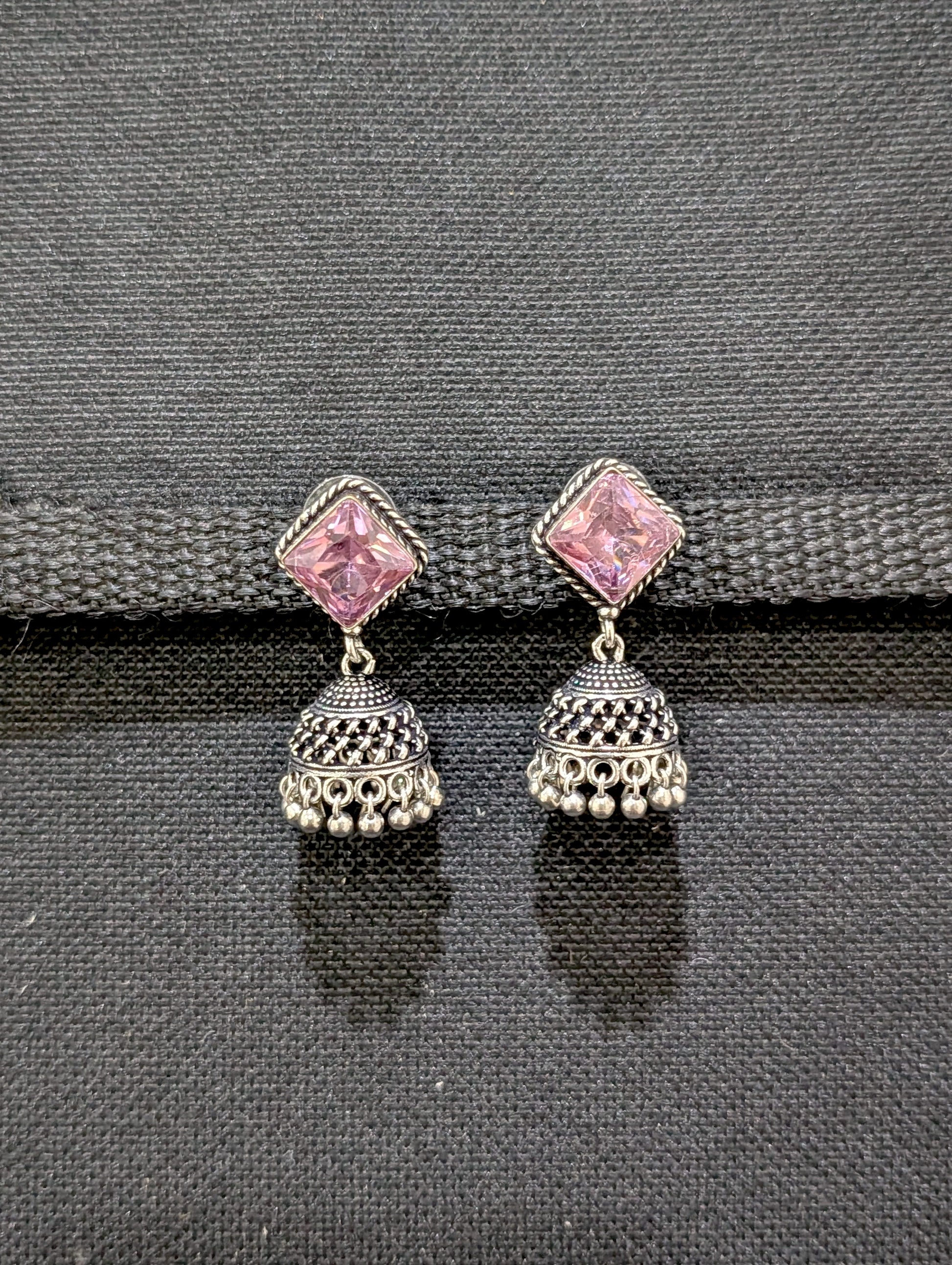 Oxidized silver diamond stud Jhumka earrings - Simpliful