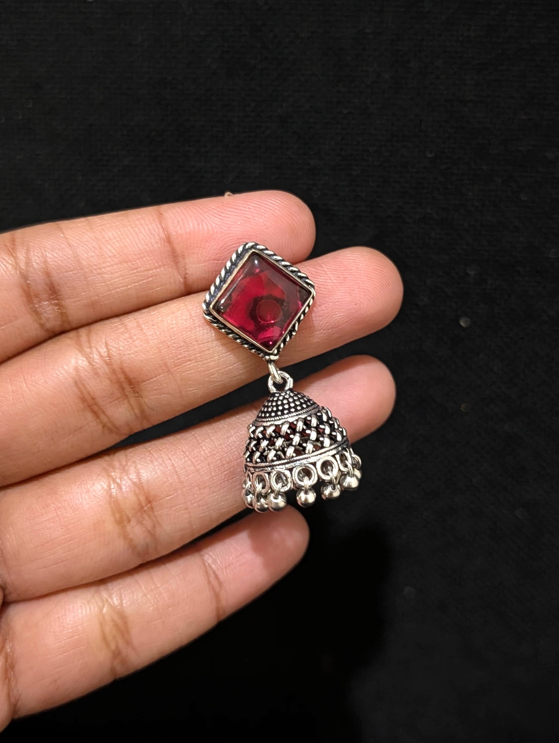 Oxidized silver diamond stud Jhumka earrings - Simpliful