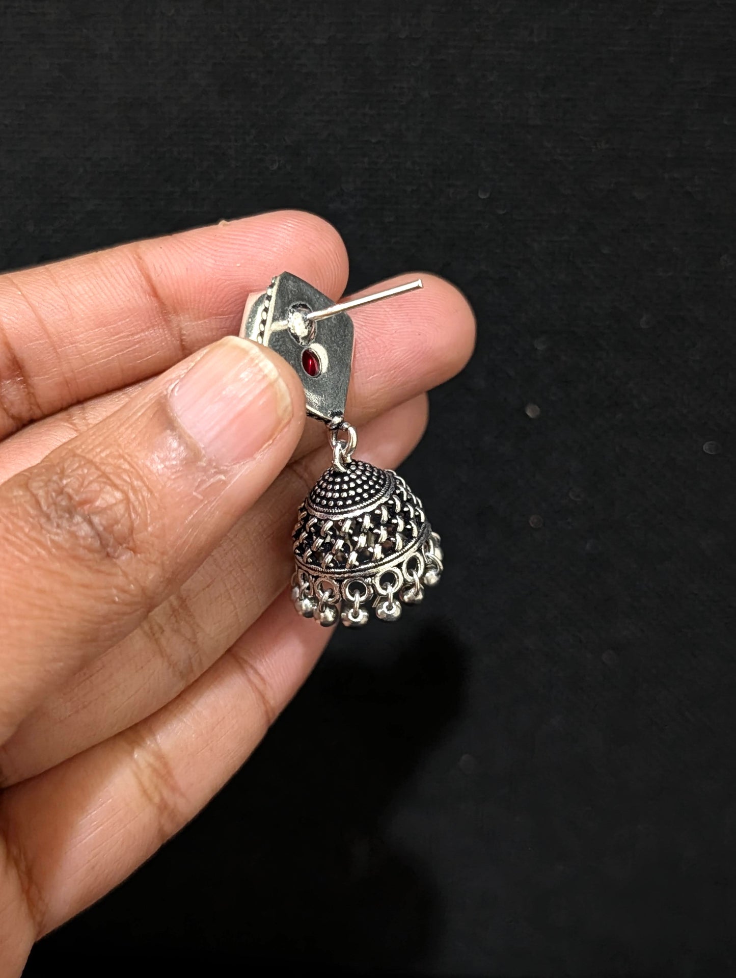 Oxidized silver diamond stud Jhumka earrings - Simpliful