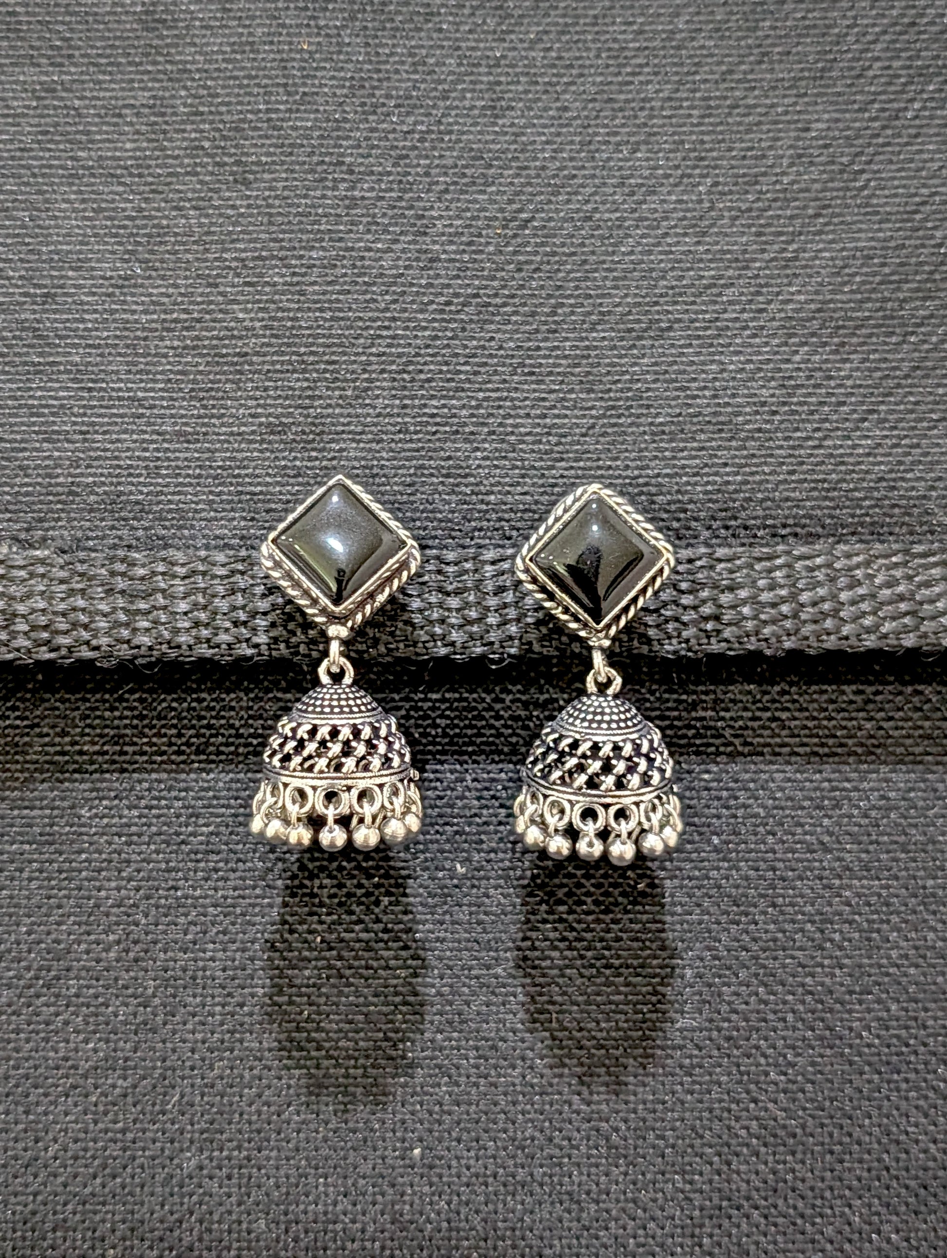 Oxidized silver diamond stud Jhumka earrings - Simpliful