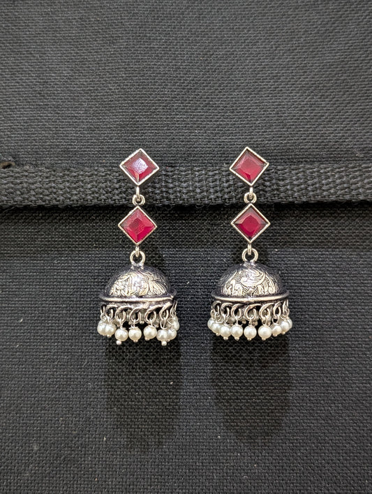 Oxidized Silver Dual Diamond design Jhumka Earrings