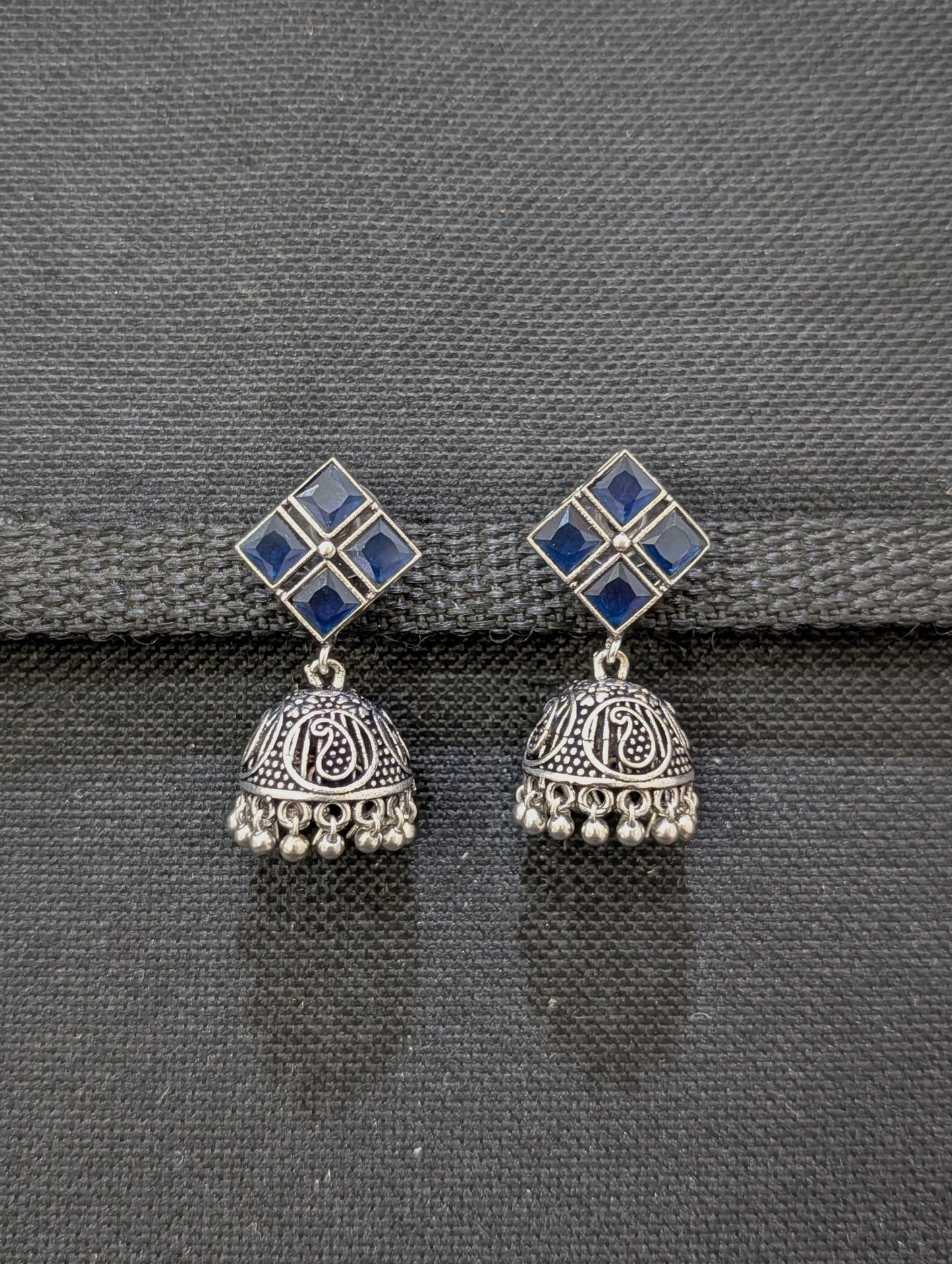 Oxidized Silver 4 stone Diamond design Jhumka Earrings - Simpliful