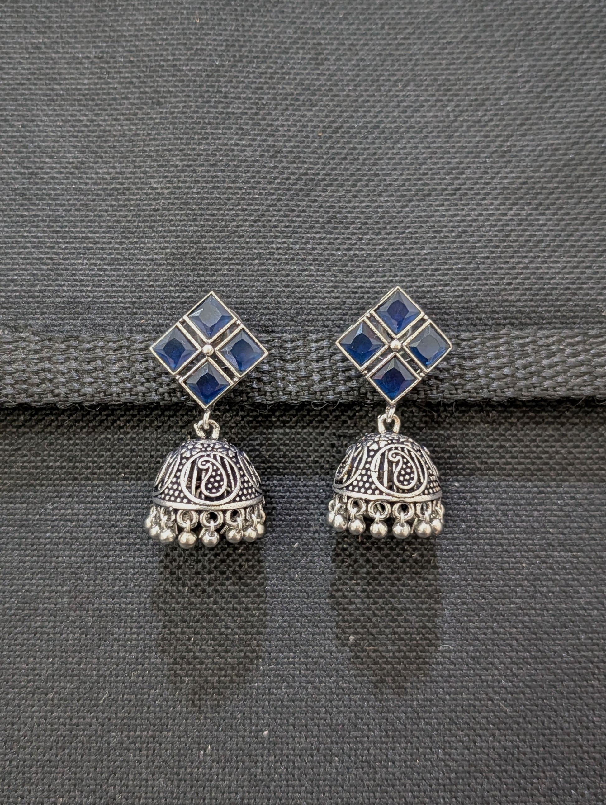 Oxidized Silver 4 stone Diamond design Jhumka Earrings - Simpliful