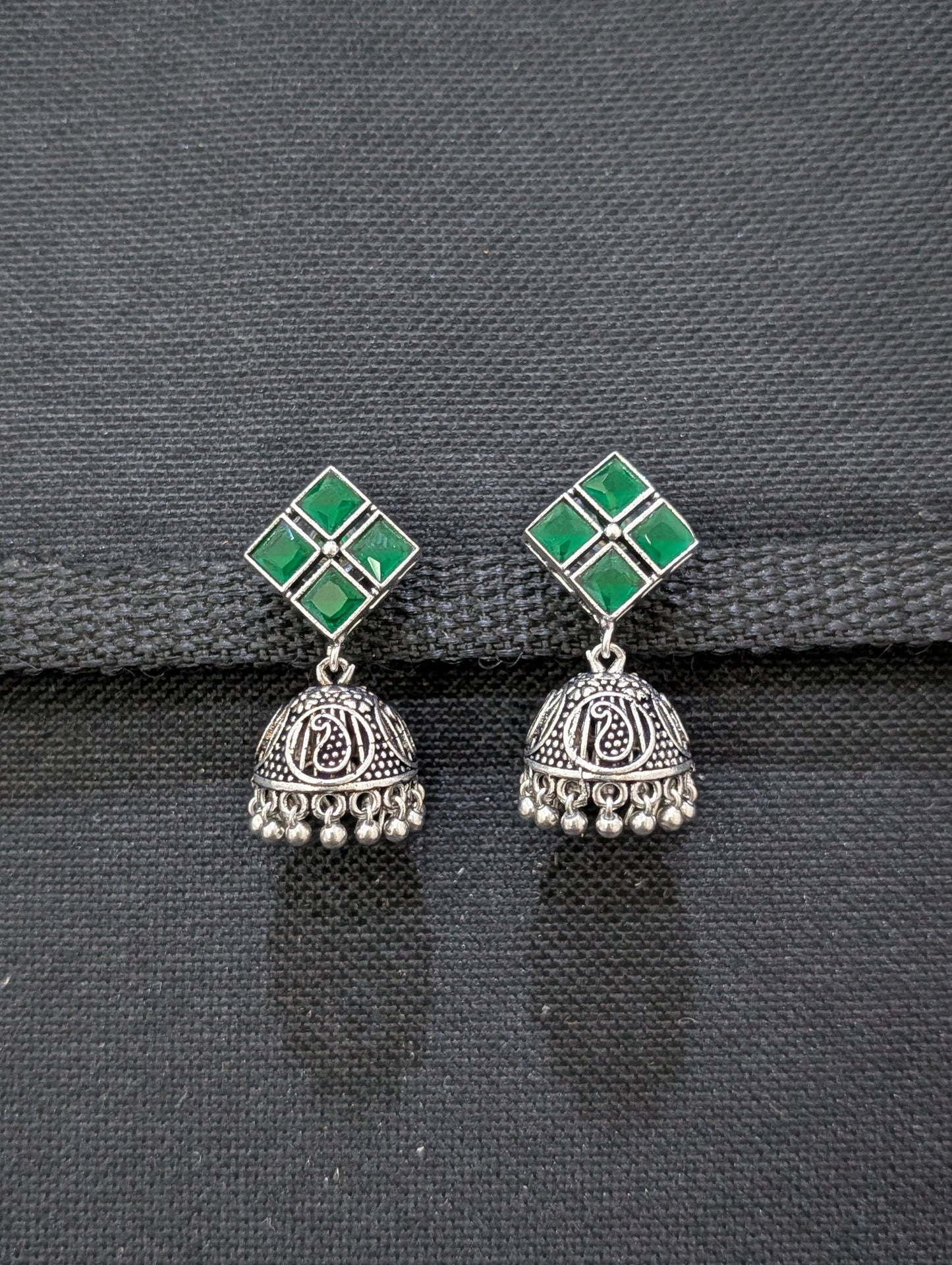 Oxidized Silver 4 stone Diamond design Jhumka Earrings - Simpliful