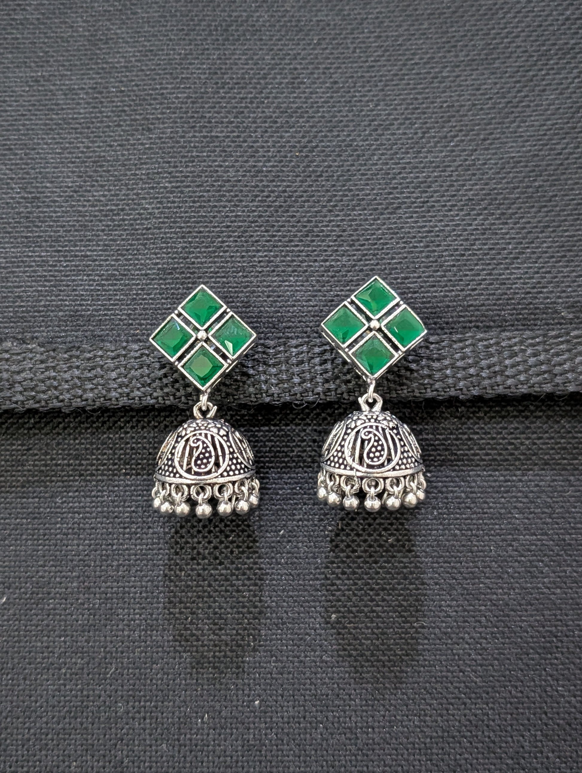 Oxidized Silver 4 stone Diamond design Jhumka Earrings - Simpliful