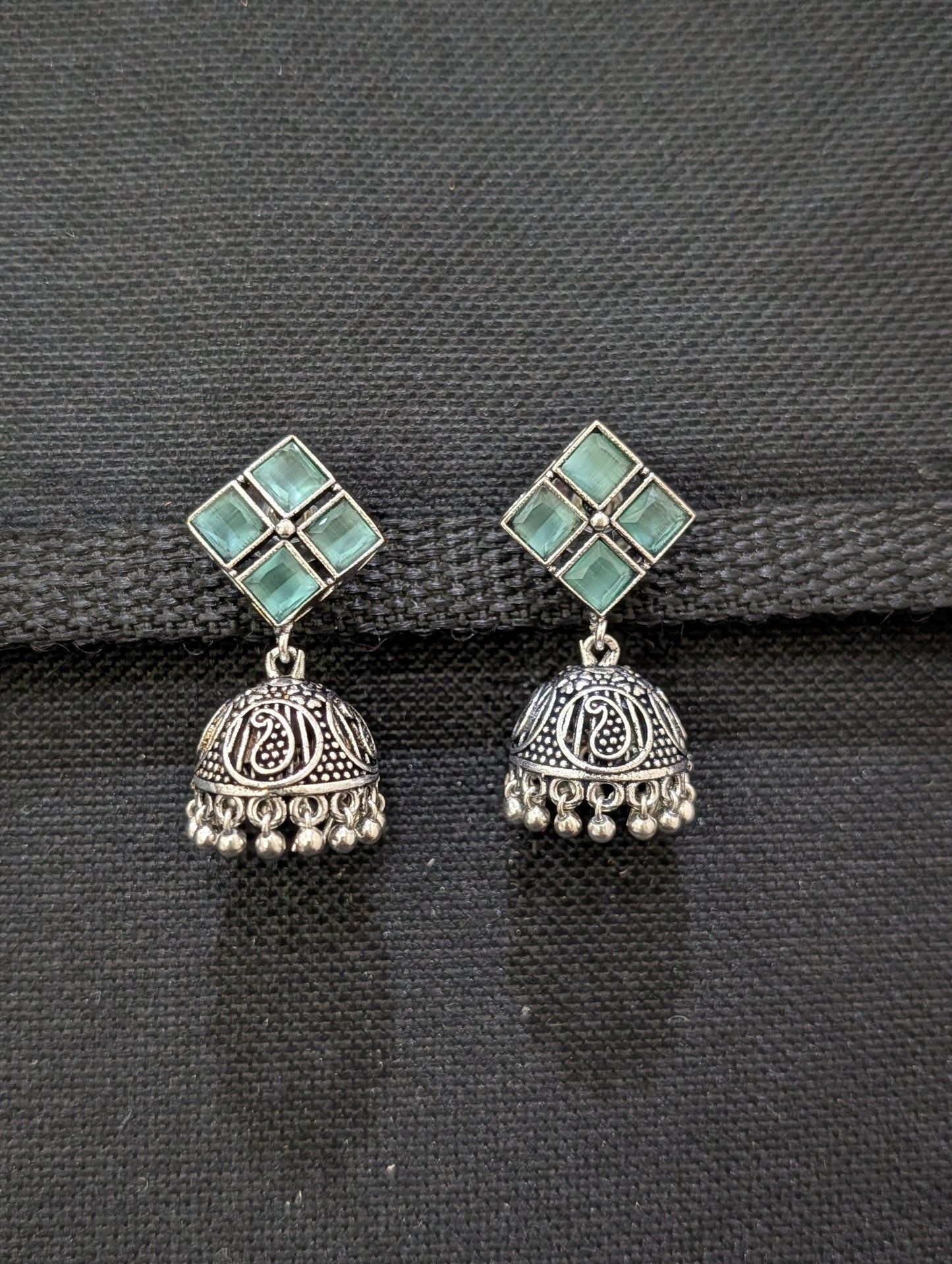 Oxidized Silver 4 stone Diamond design Jhumka Earrings - Simpliful