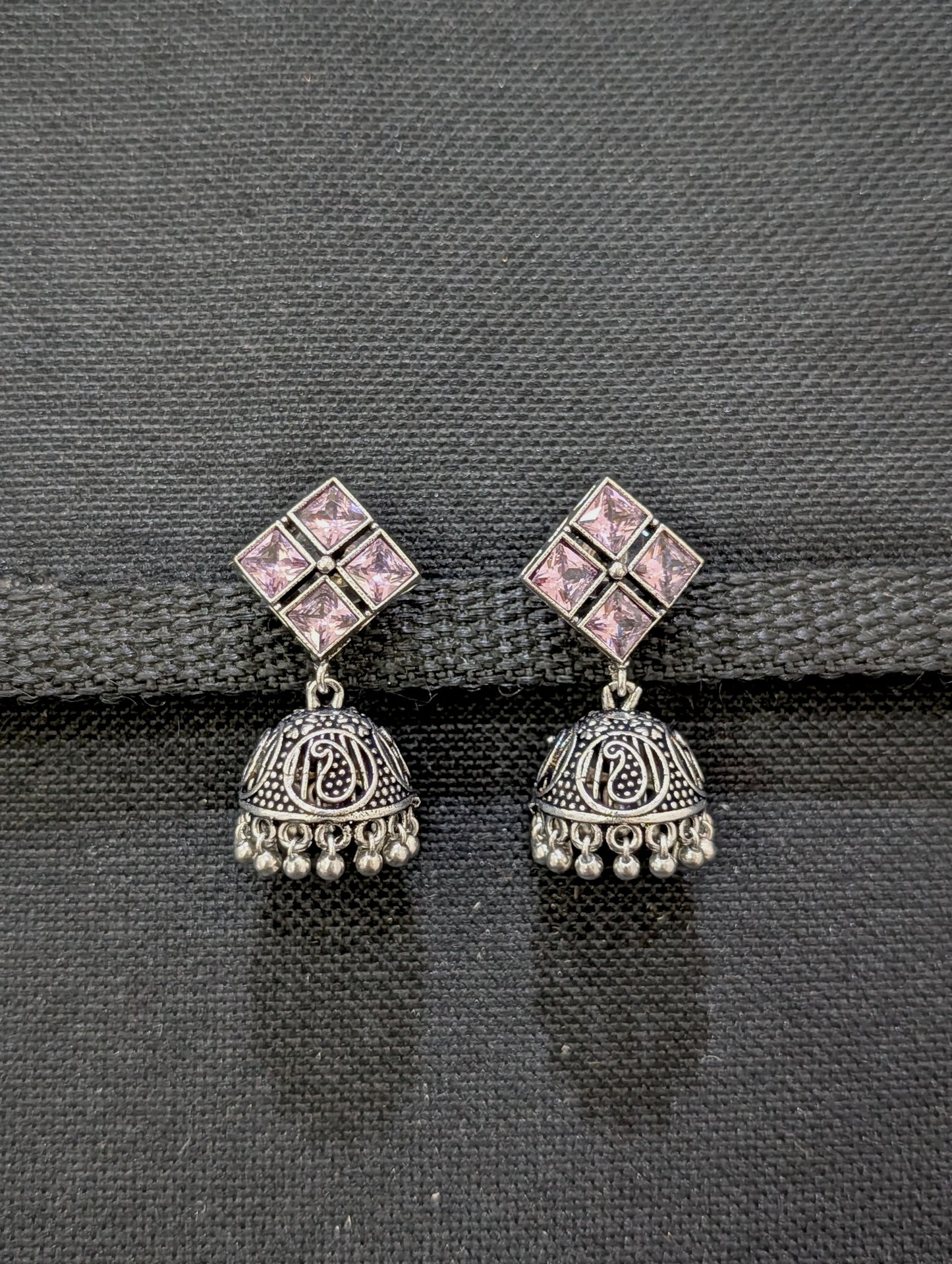 Oxidized Silver 4 stone Diamond design Jhumka Earrings - Simpliful
