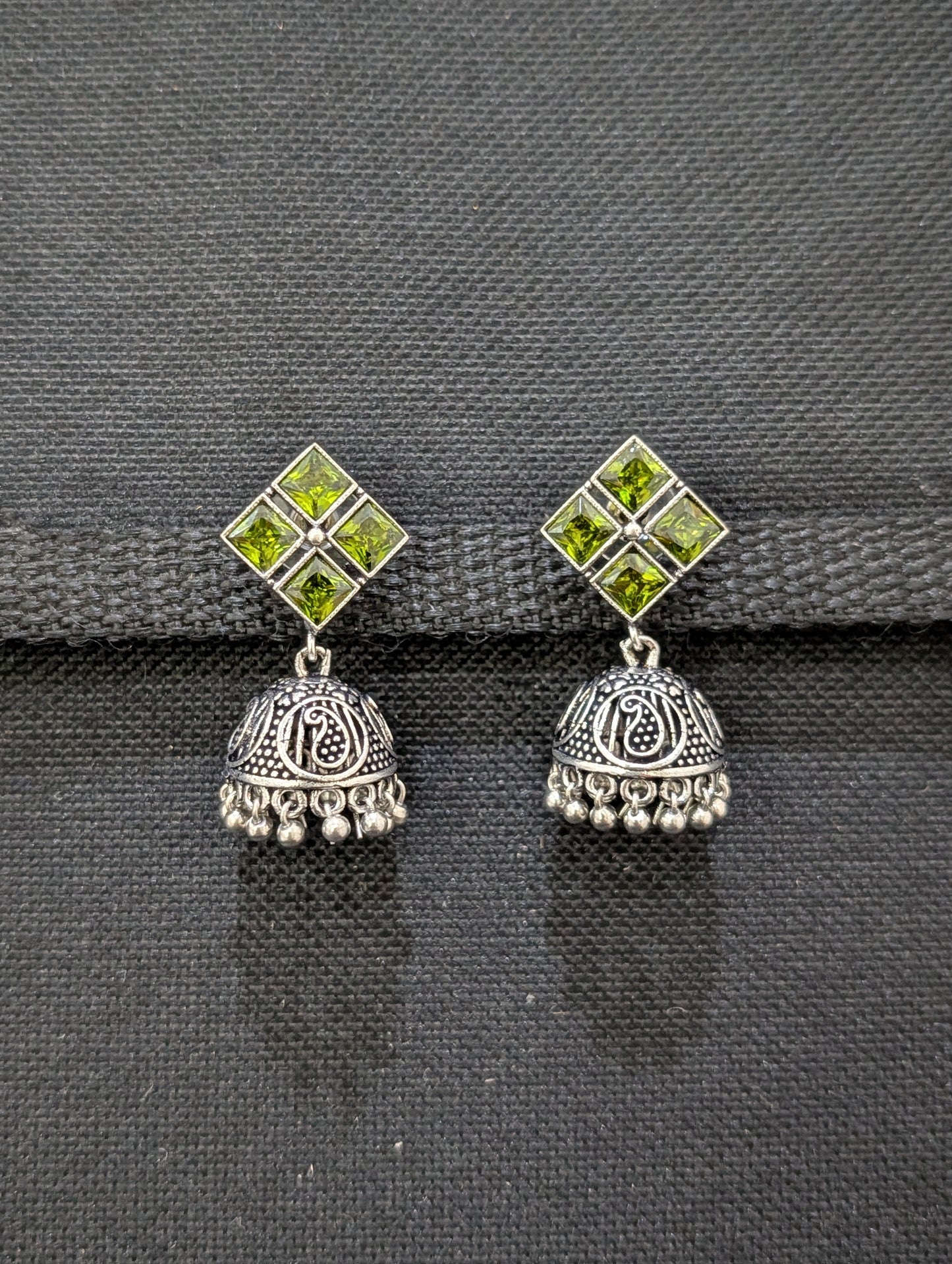 Oxidized Silver 4 stone Diamond design Jhumka Earrings - Simpliful