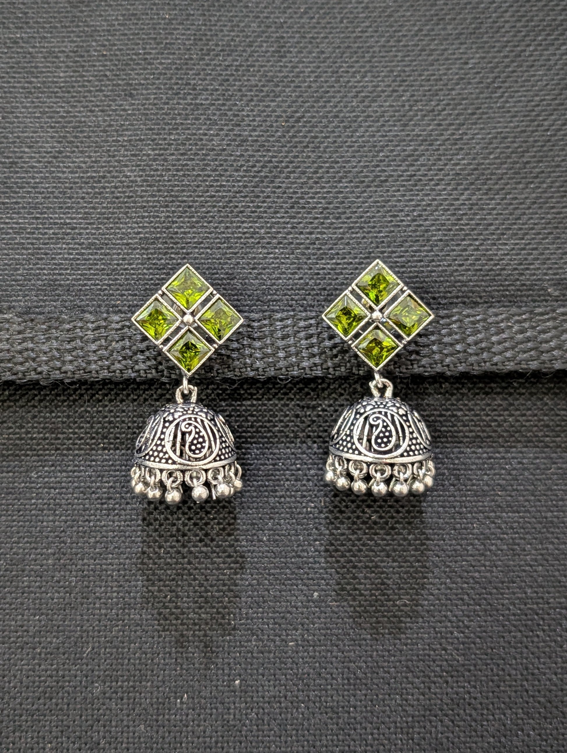 Oxidized Silver 4 stone Diamond design Jhumka Earrings - Simpliful