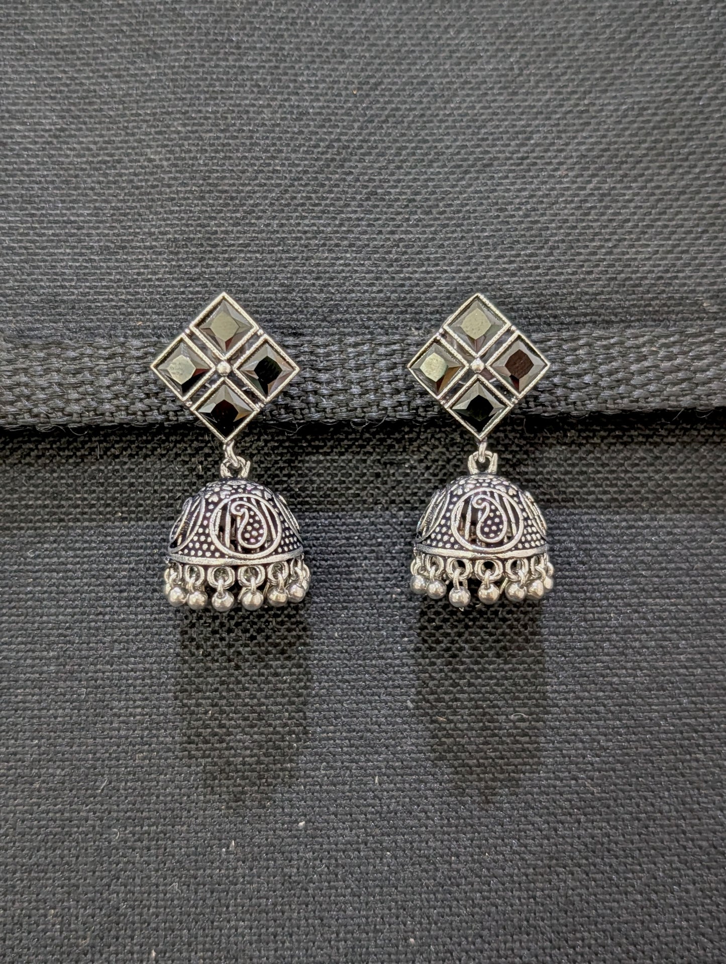 Oxidized Silver 4 stone Diamond design Jhumka Earrings - Simpliful