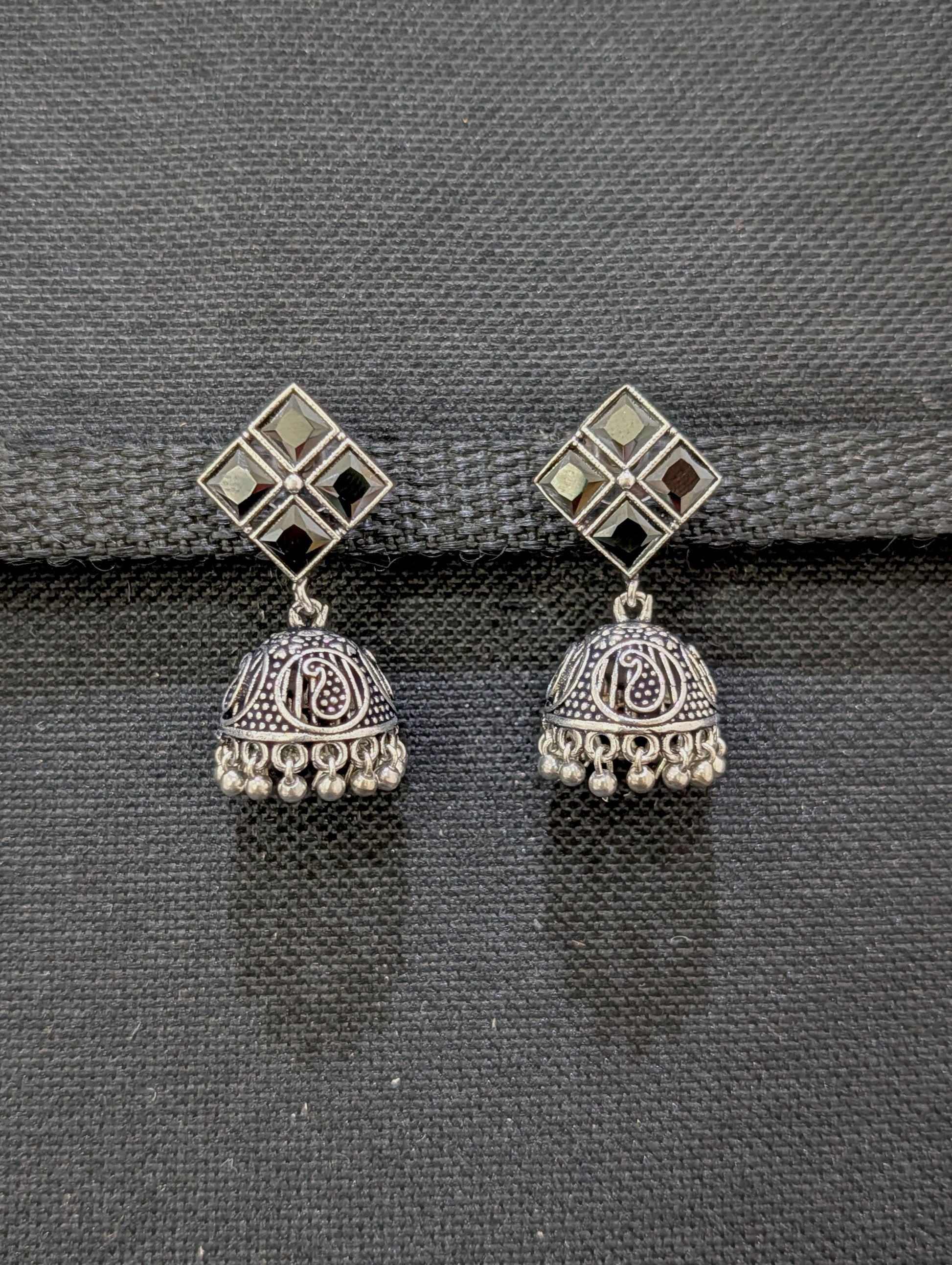 Oxidized Silver 4 stone Diamond design Jhumka Earrings - Simpliful
