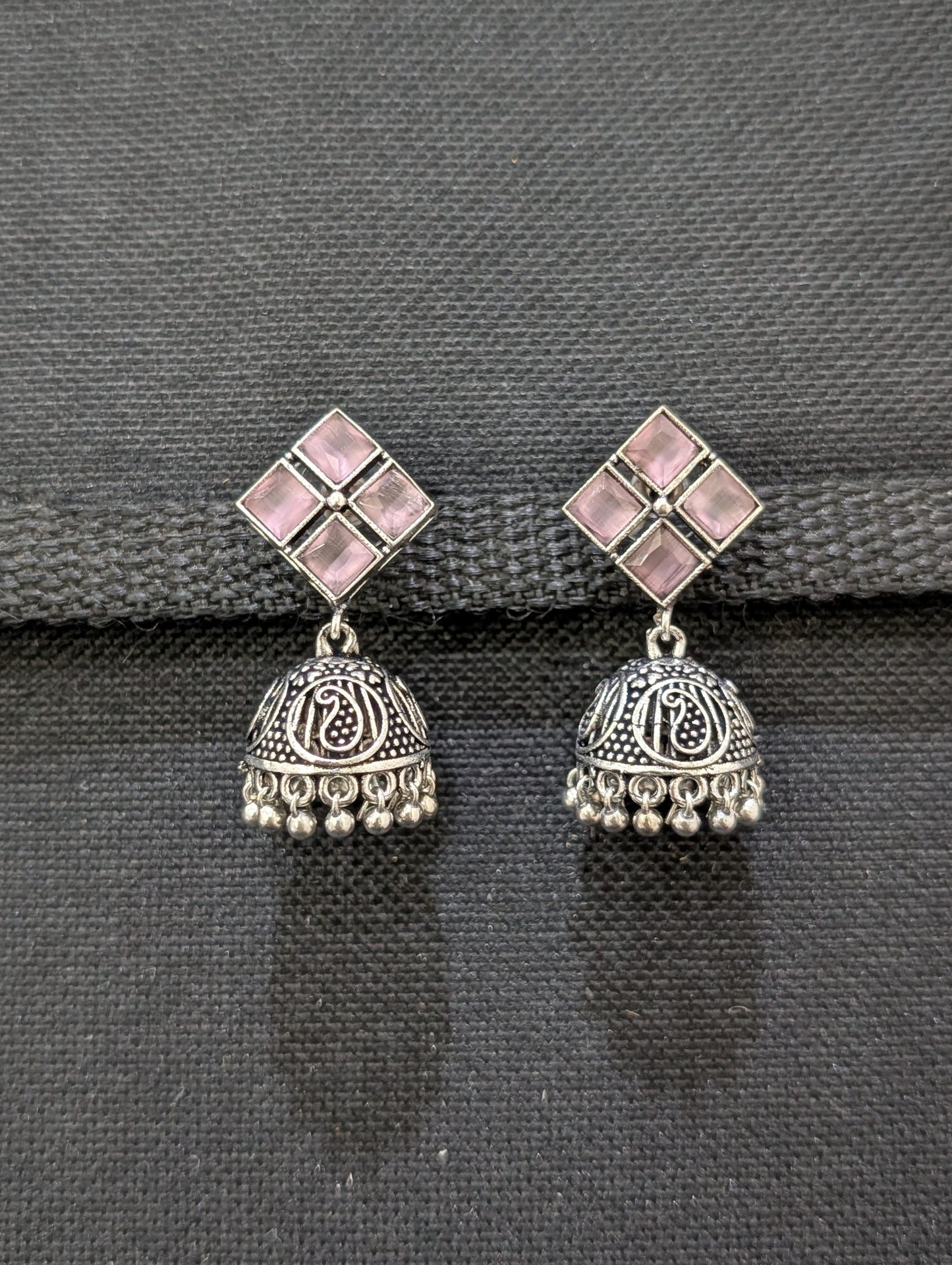Oxidized Silver 4 stone Diamond design Jhumka Earrings - Simpliful