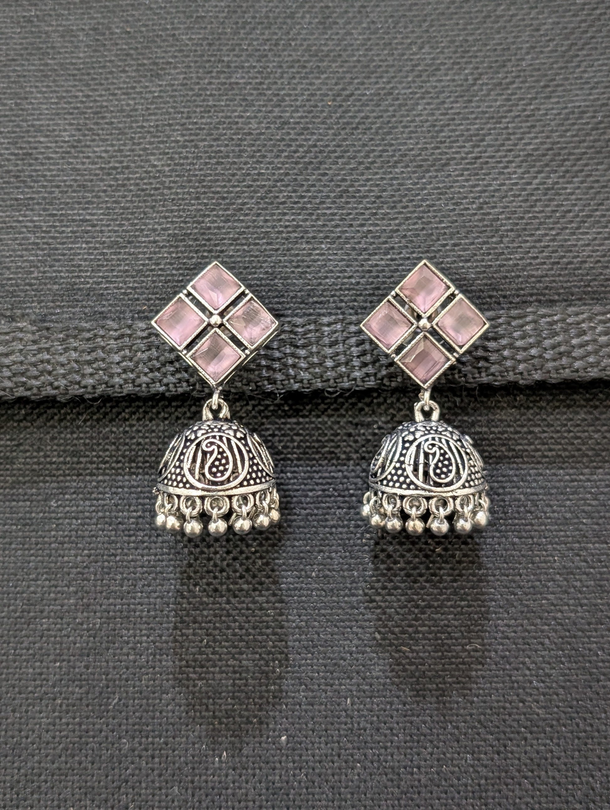 Oxidized Silver 4 stone Diamond design Jhumka Earrings - Simpliful