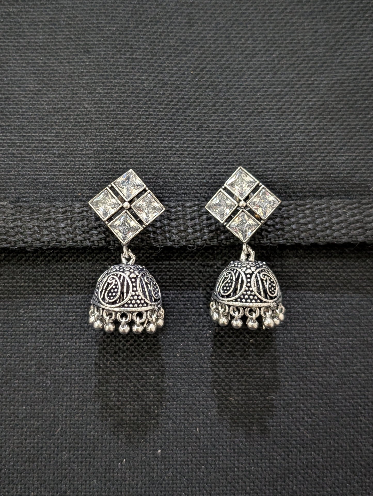 Oxidized Silver 4 stone Diamond design Jhumka Earrings - Simpliful