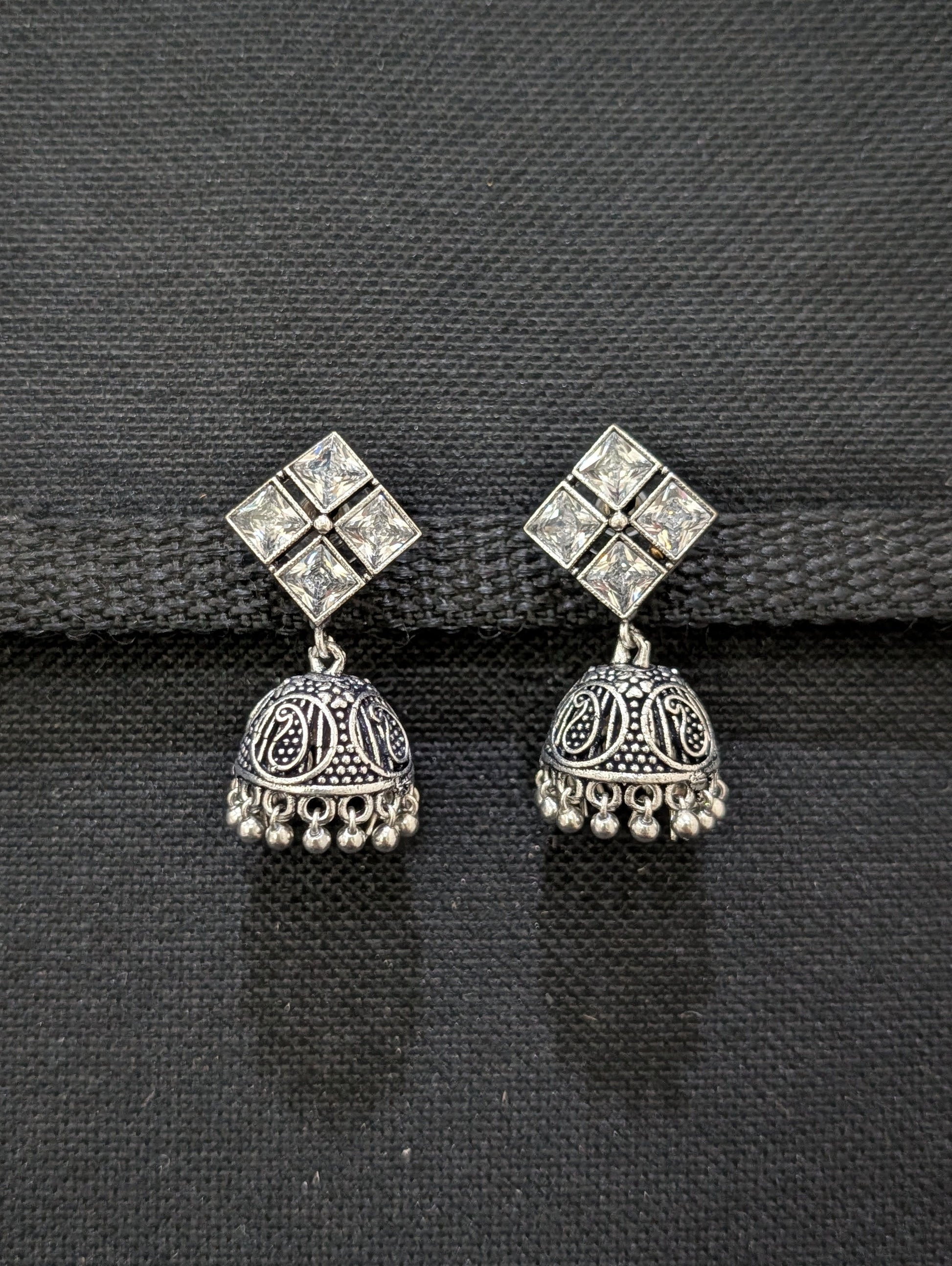 Oxidized Silver 4 stone Diamond design Jhumka Earrings - Simpliful