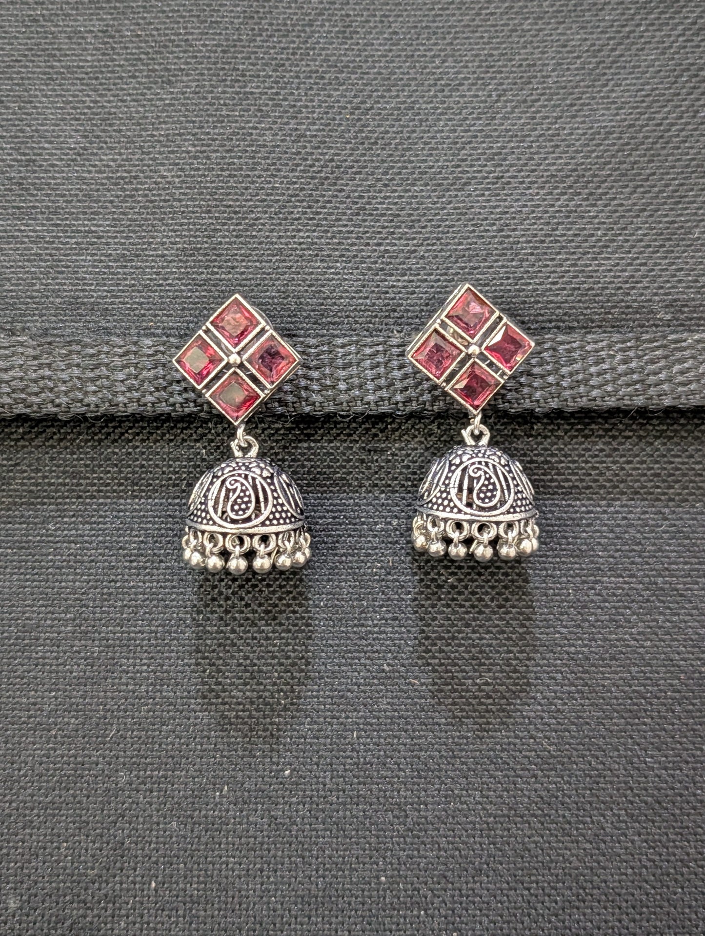 Oxidized Silver 4 stone Diamond design Jhumka Earrings - Simpliful