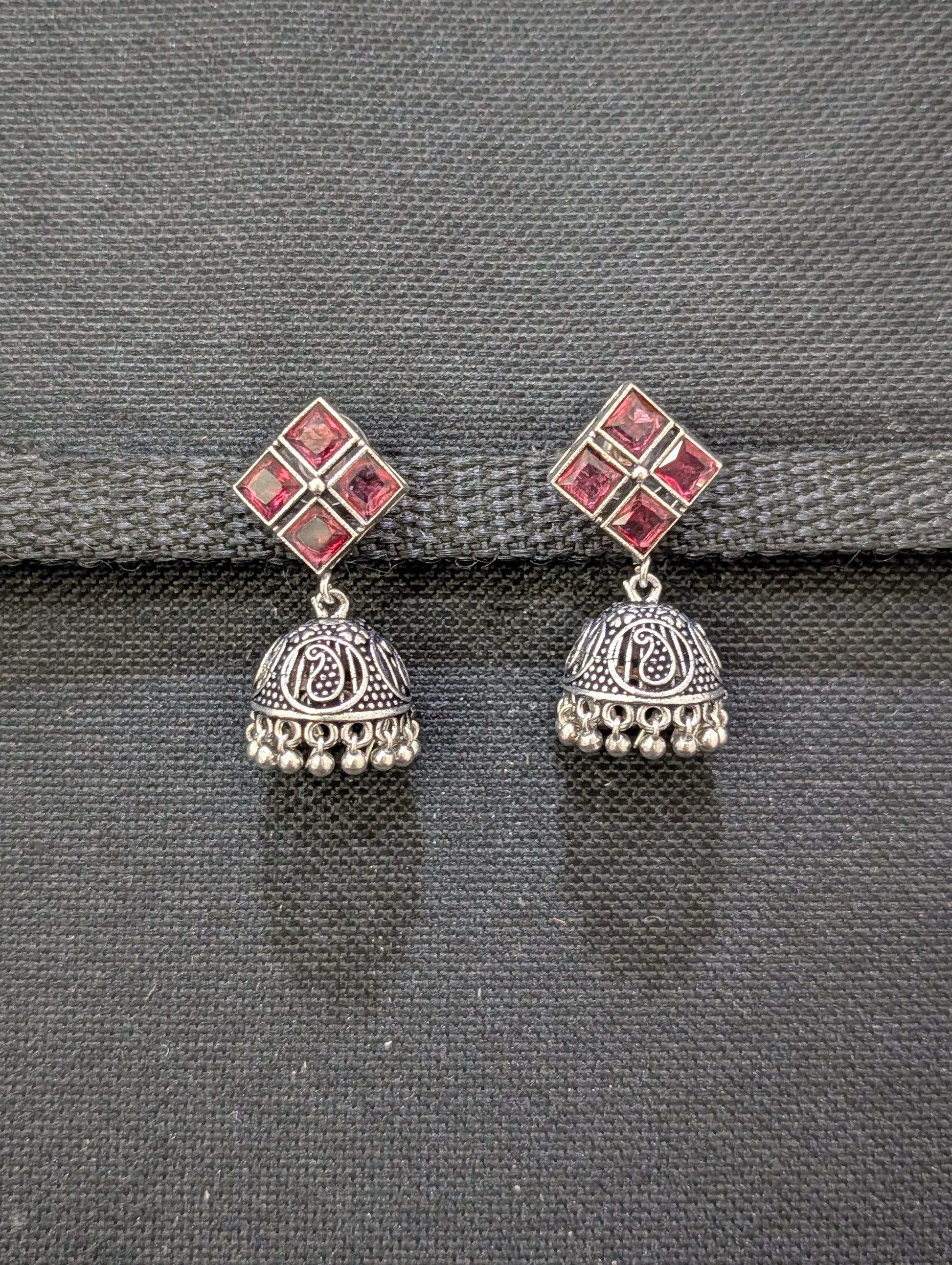 Oxidized Silver 4 stone Diamond design Jhumka Earrings - Simpliful