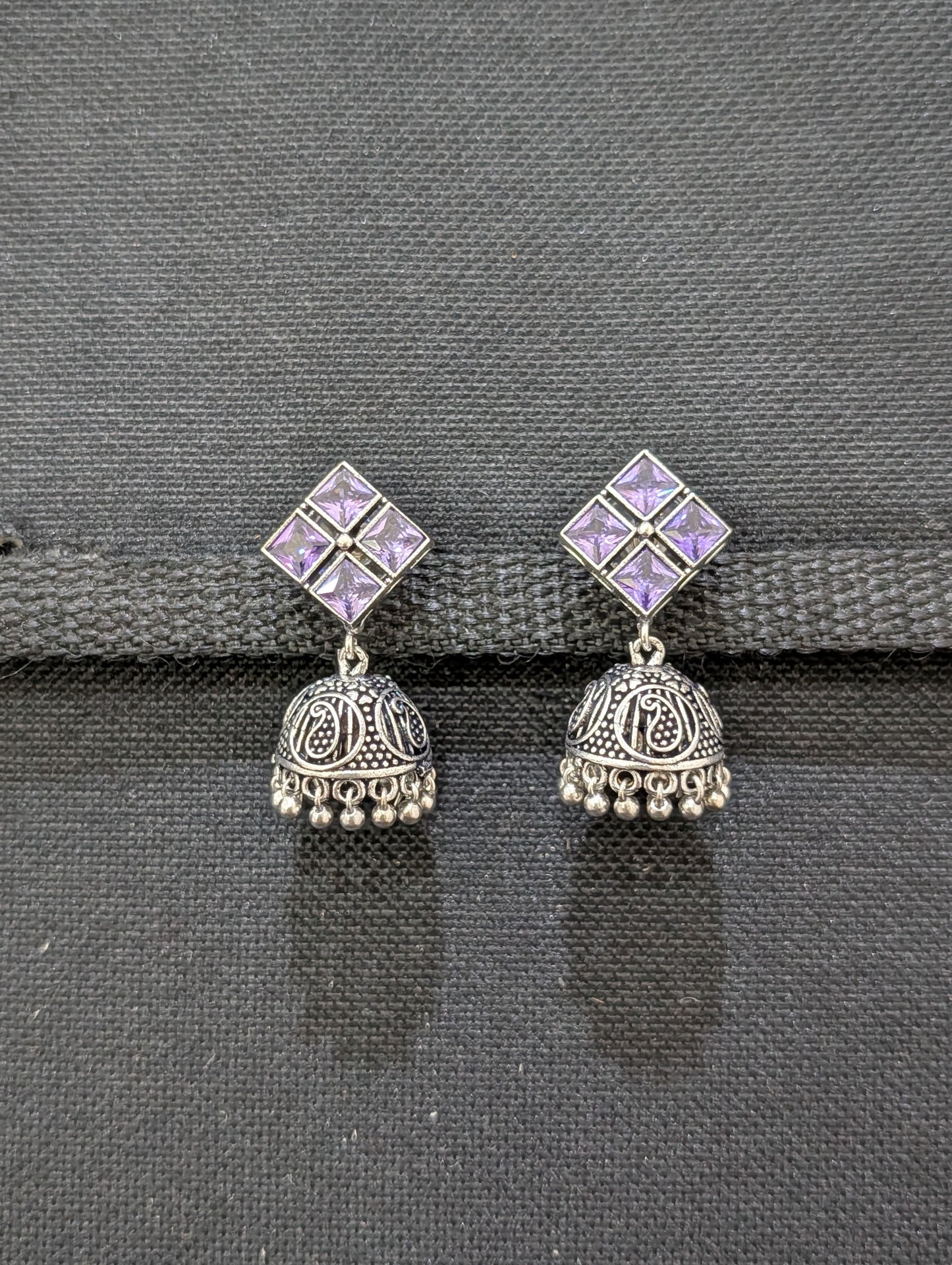 Oxidized Silver 4 stone Diamond design Jhumka Earrings - Simpliful