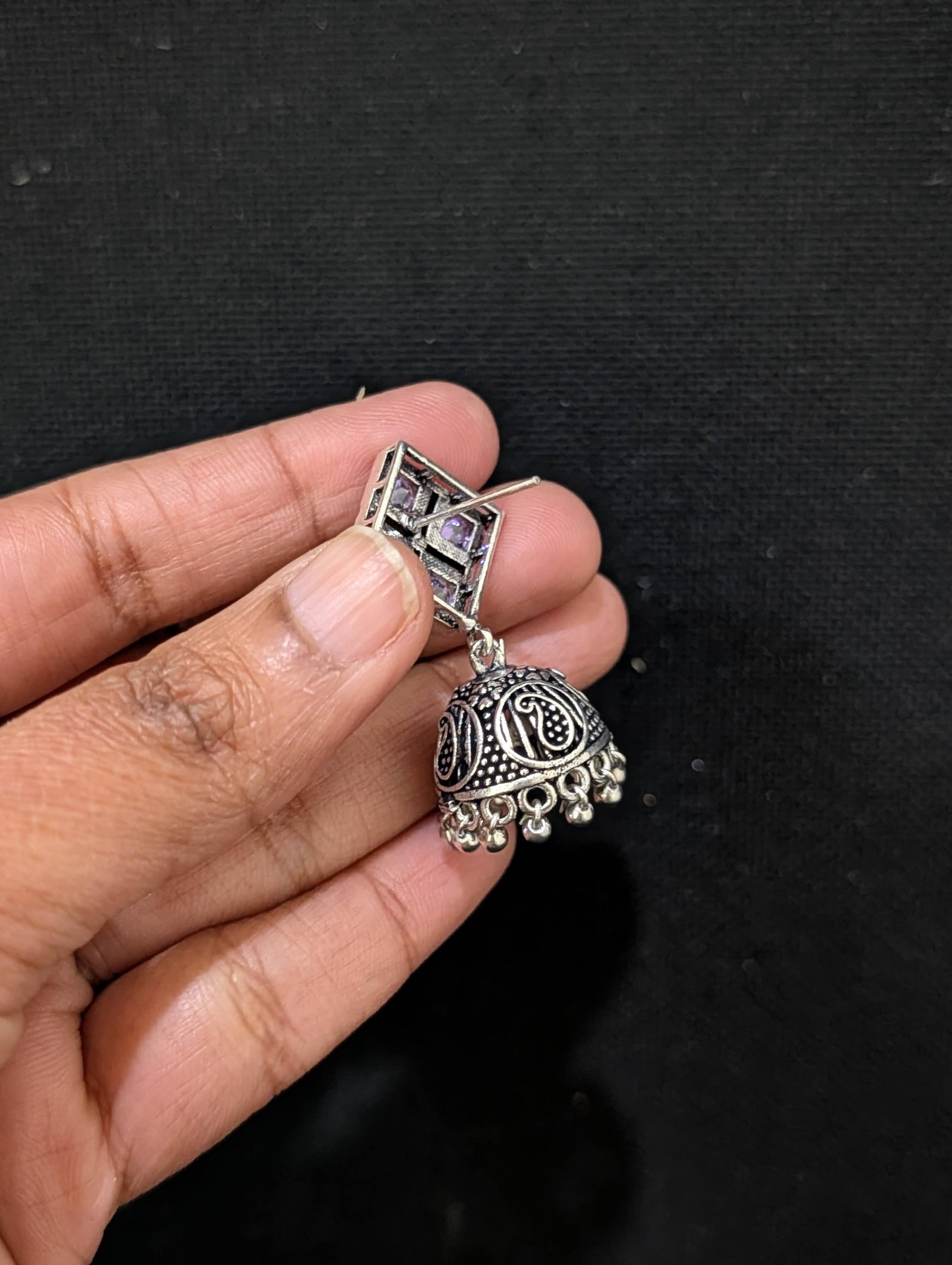 Oxidized Silver 4 stone Diamond design Jhumka Earrings - Simpliful