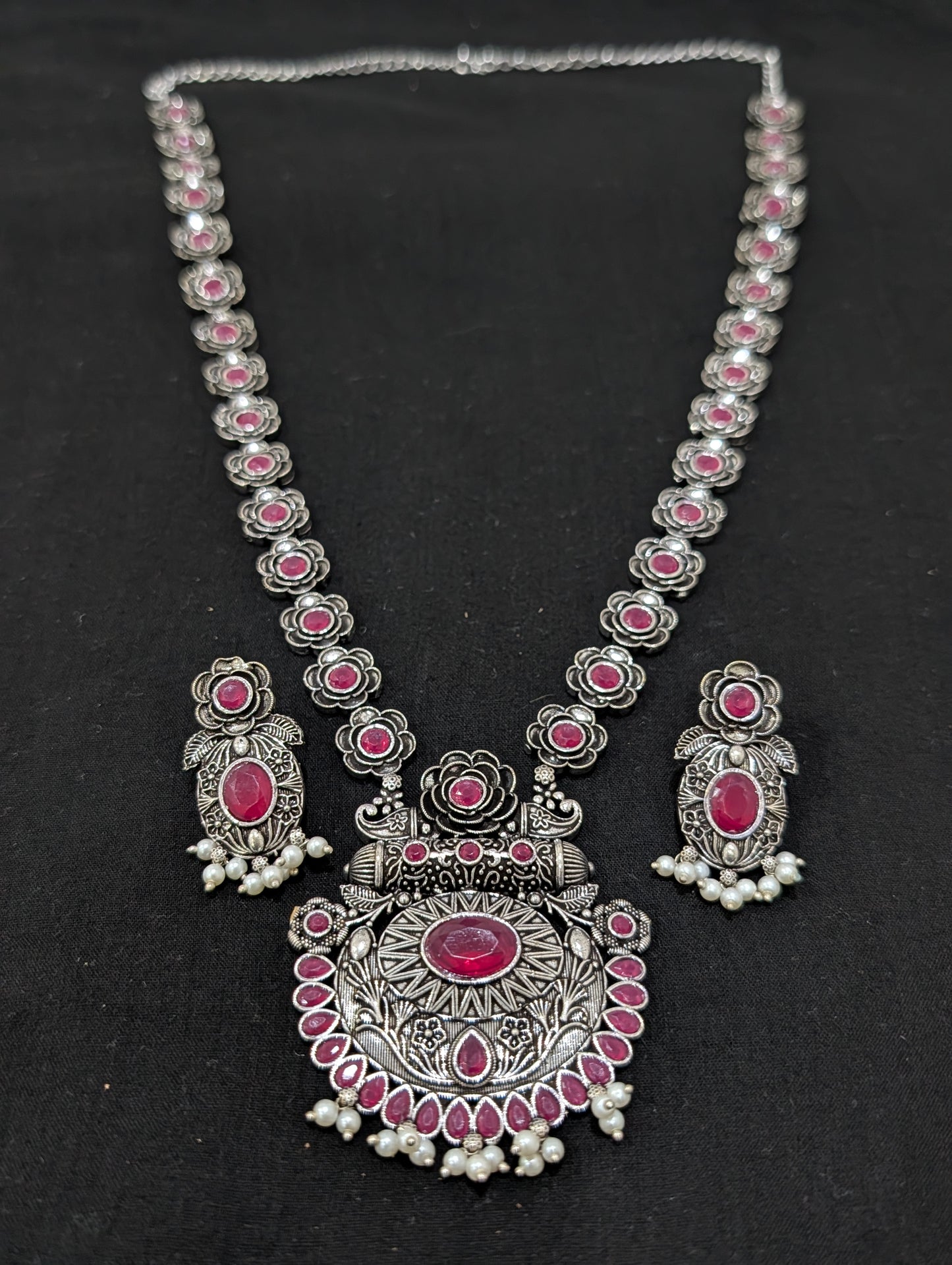 Oxidized Silver Rose Flower design necklace and earrings set - Simpliful