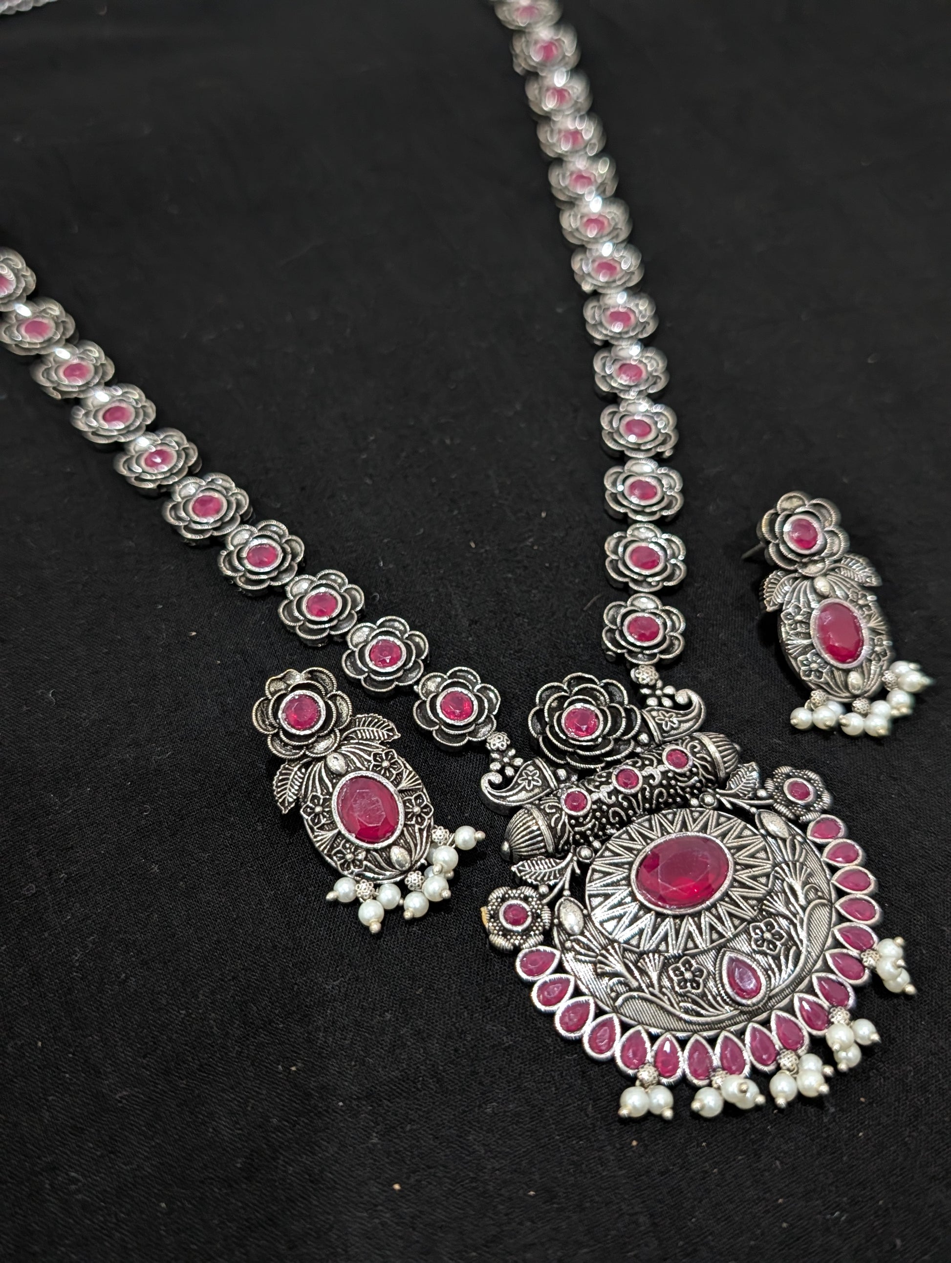 Oxidized Silver Rose Flower design necklace and earrings set - Simpliful