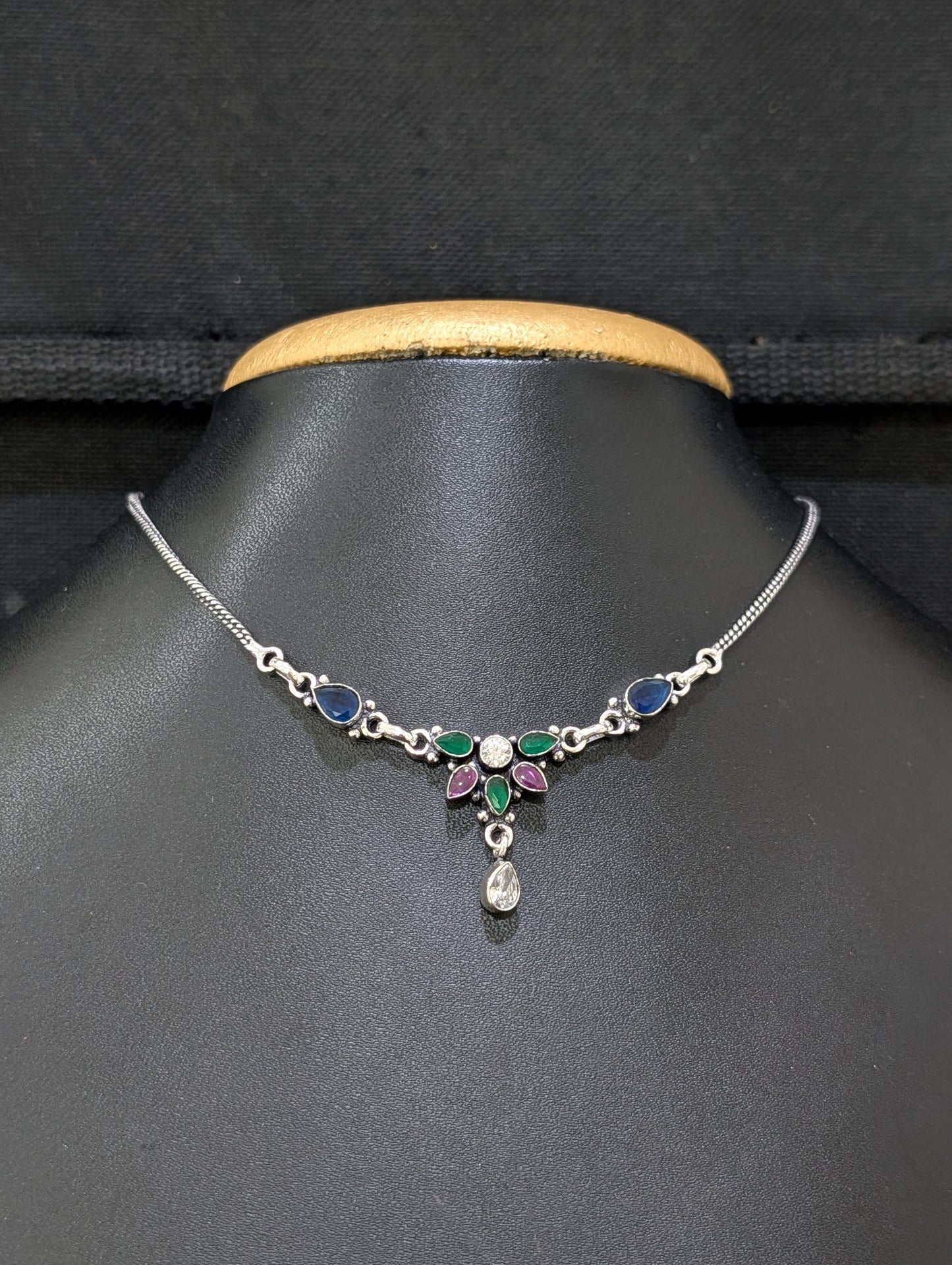Oxidized silver Flower CZ Choker Necklace - Simpliful