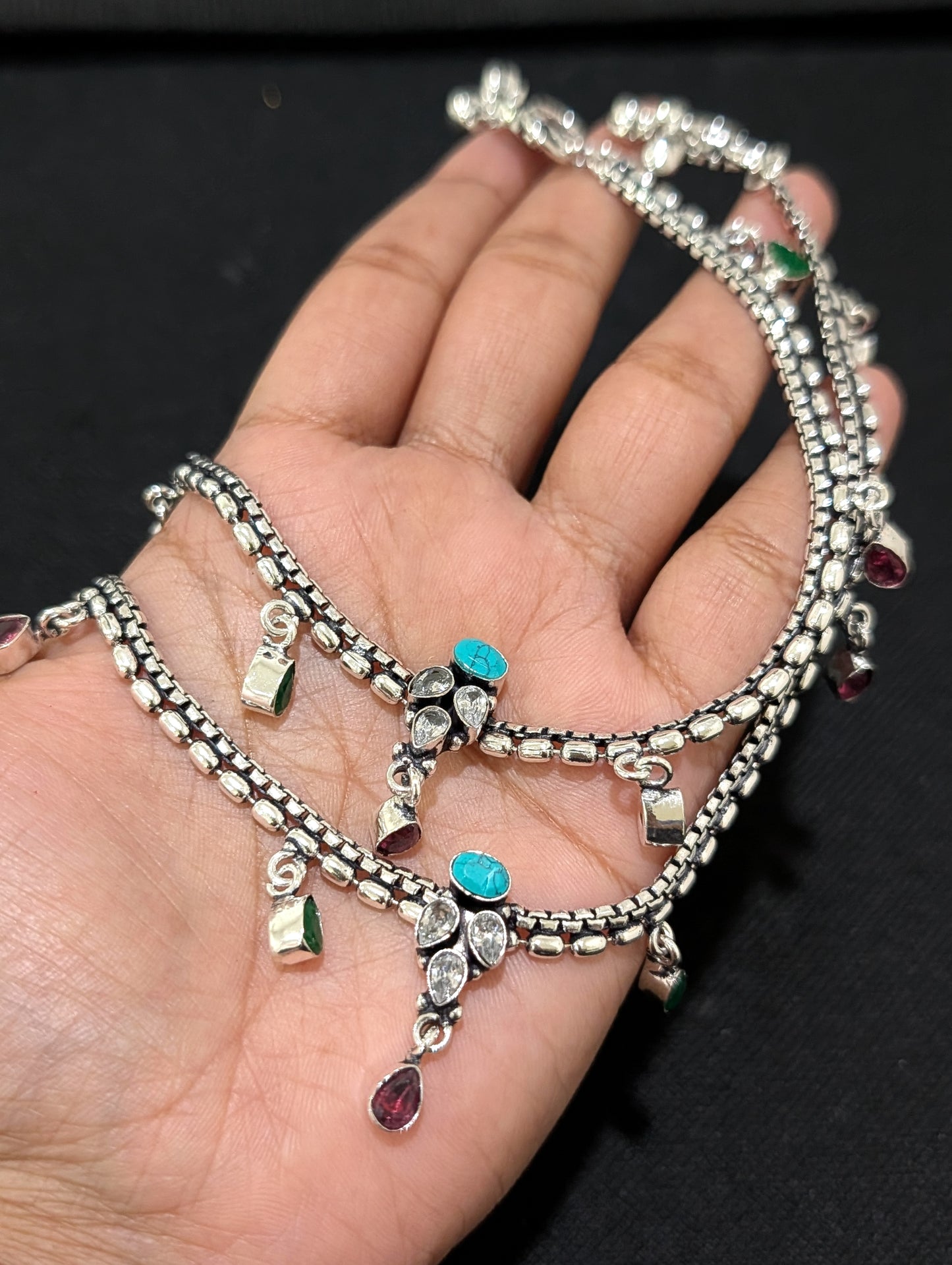 Oxidized Silver plated CZ Anklets - D5 - Simpliful