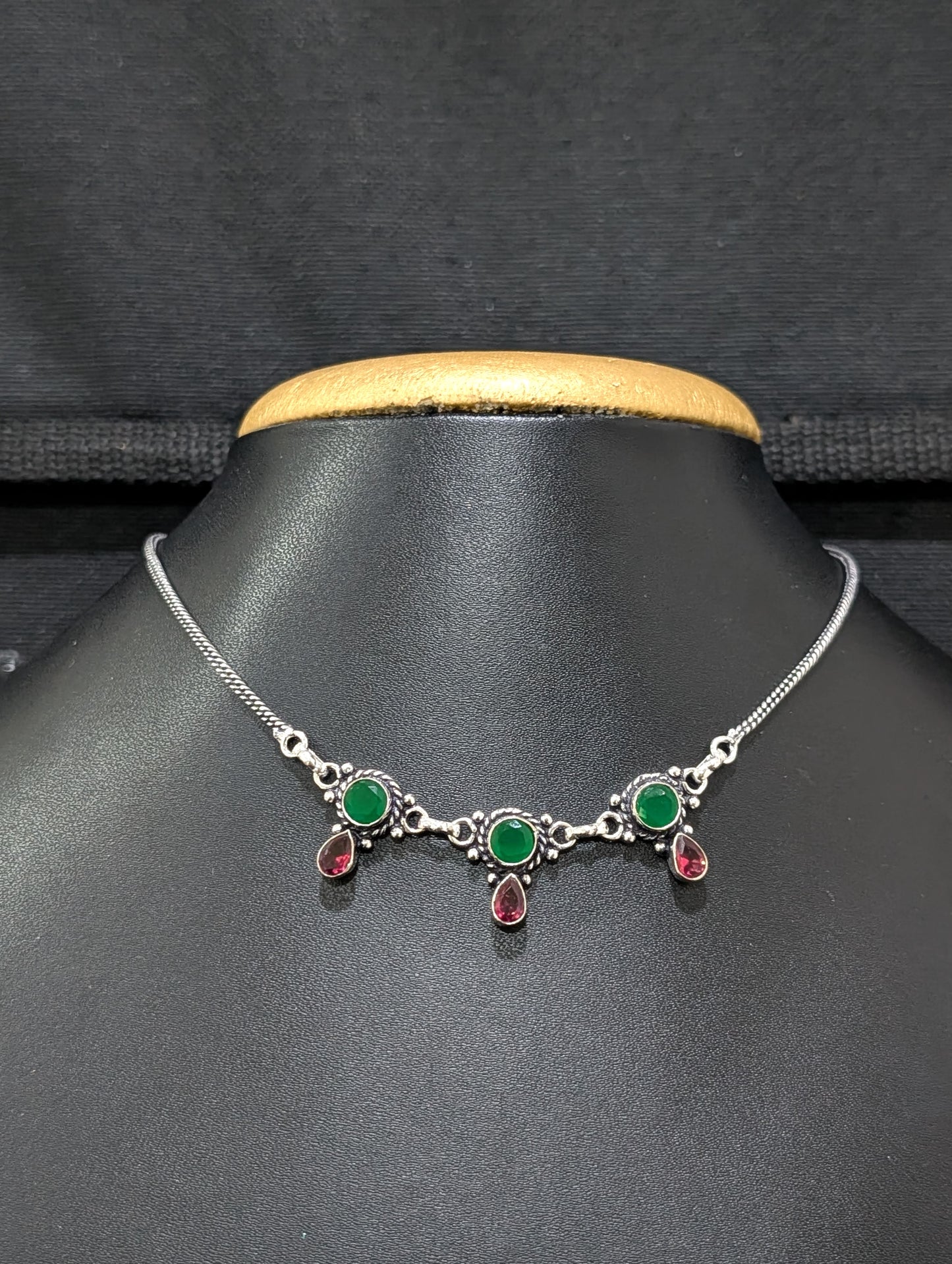 Oxidized silver 3 charm CZ Choker Necklace - Simpliful