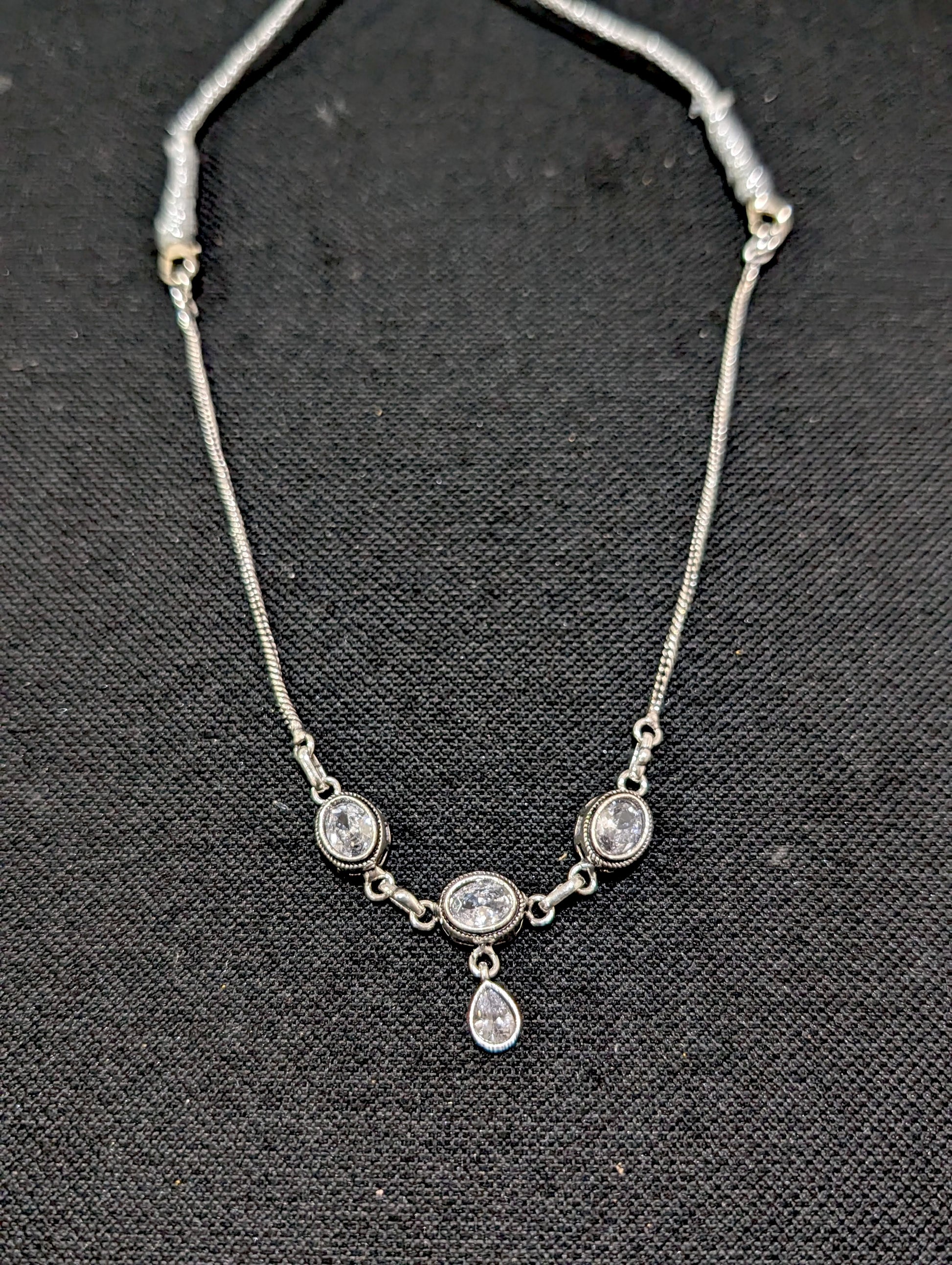 Oxidized silver Oval charm CZ Choker Necklace - Simpliful