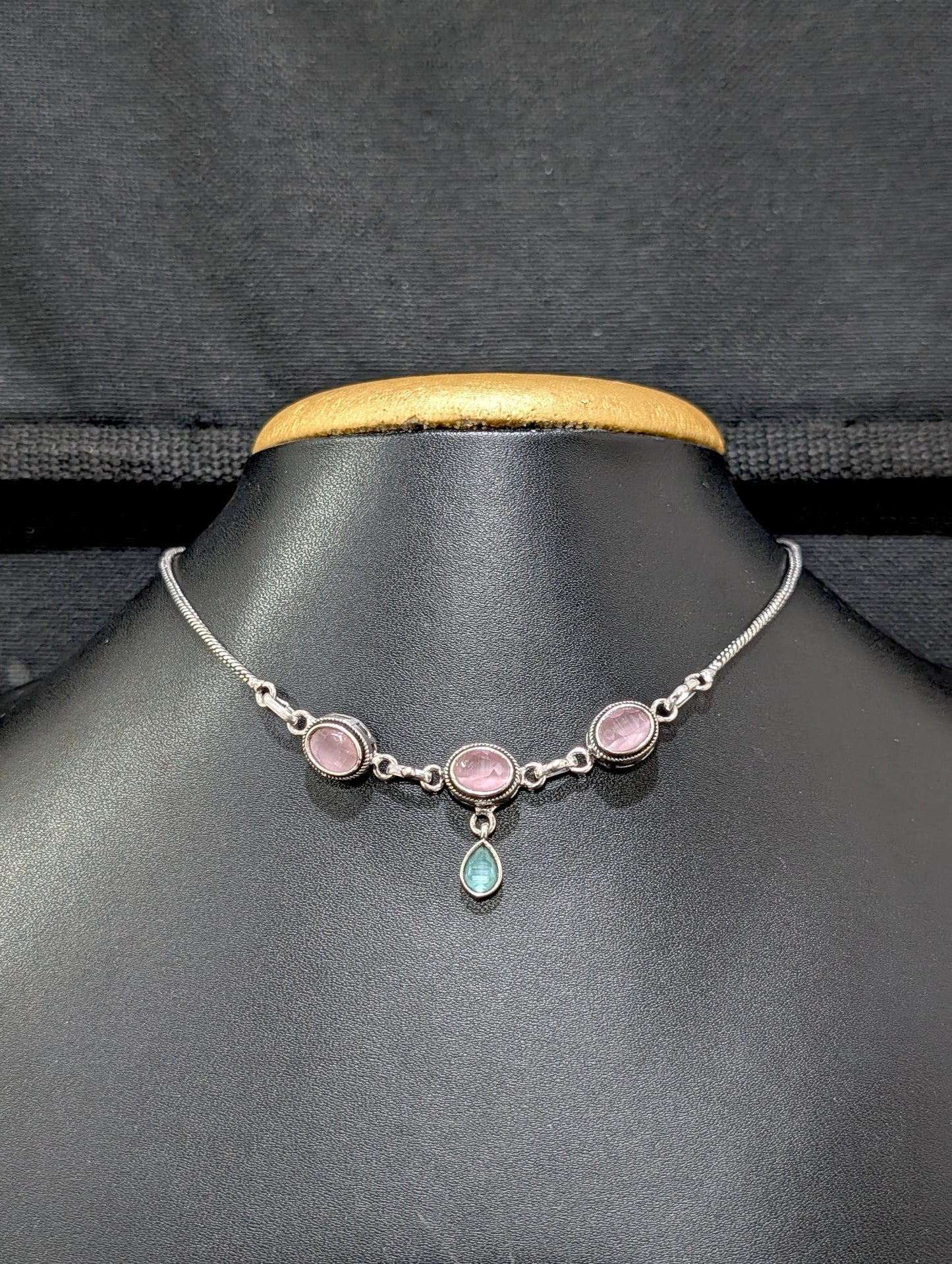 Oxidized silver Oval charm CZ Choker Necklace - Simpliful