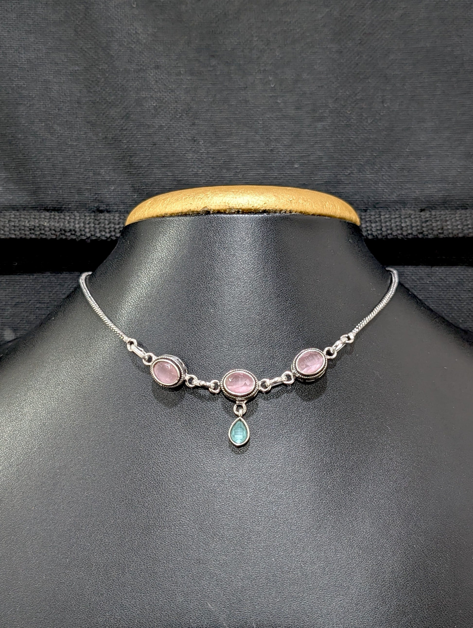 Oxidized silver Oval charm CZ Choker Necklace - Simpliful