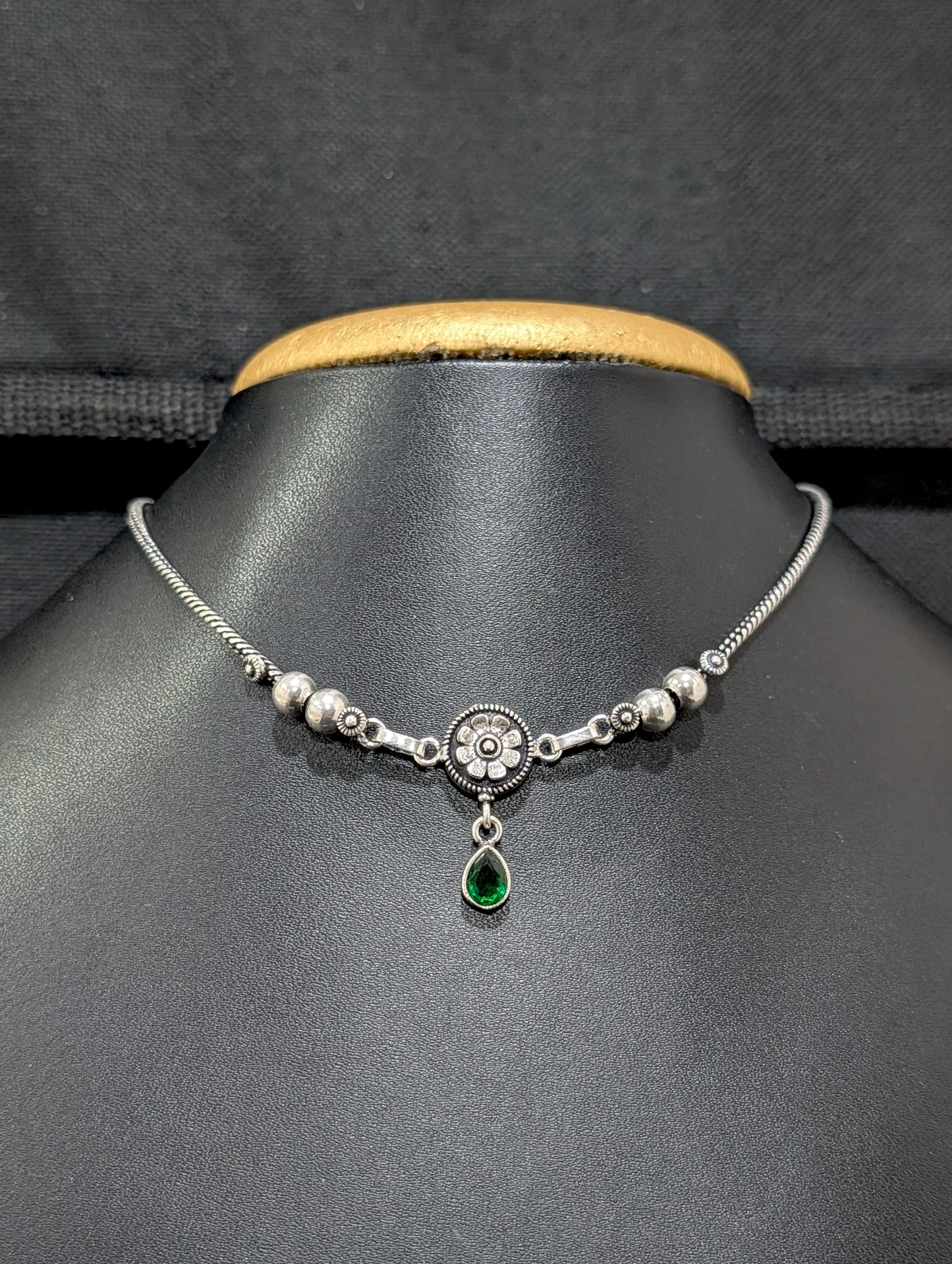 Oxidized silver Flower charm CZ Choker Necklace - Simpliful
