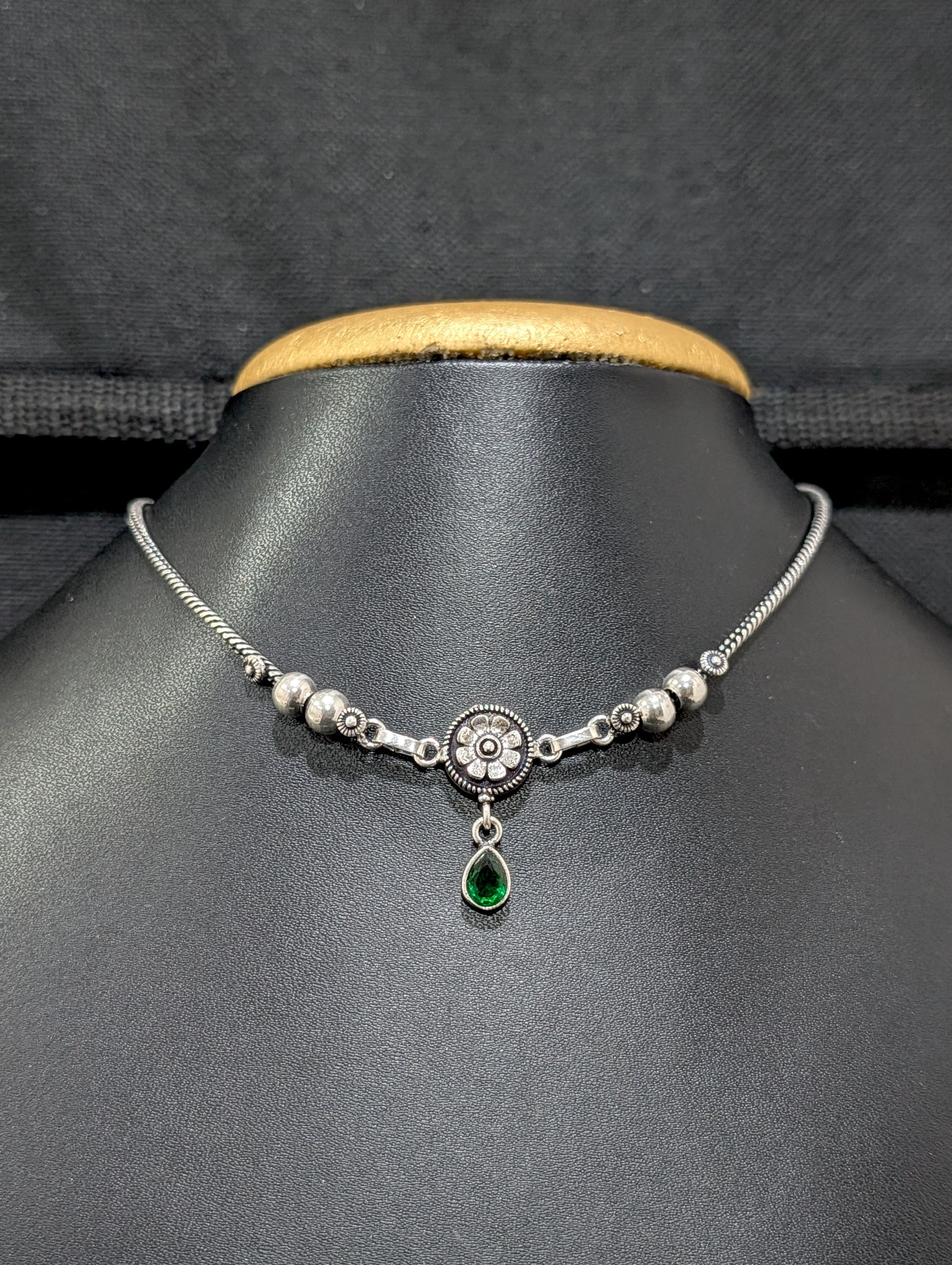 Oxidized silver Flower charm CZ Choker Necklace - Simpliful