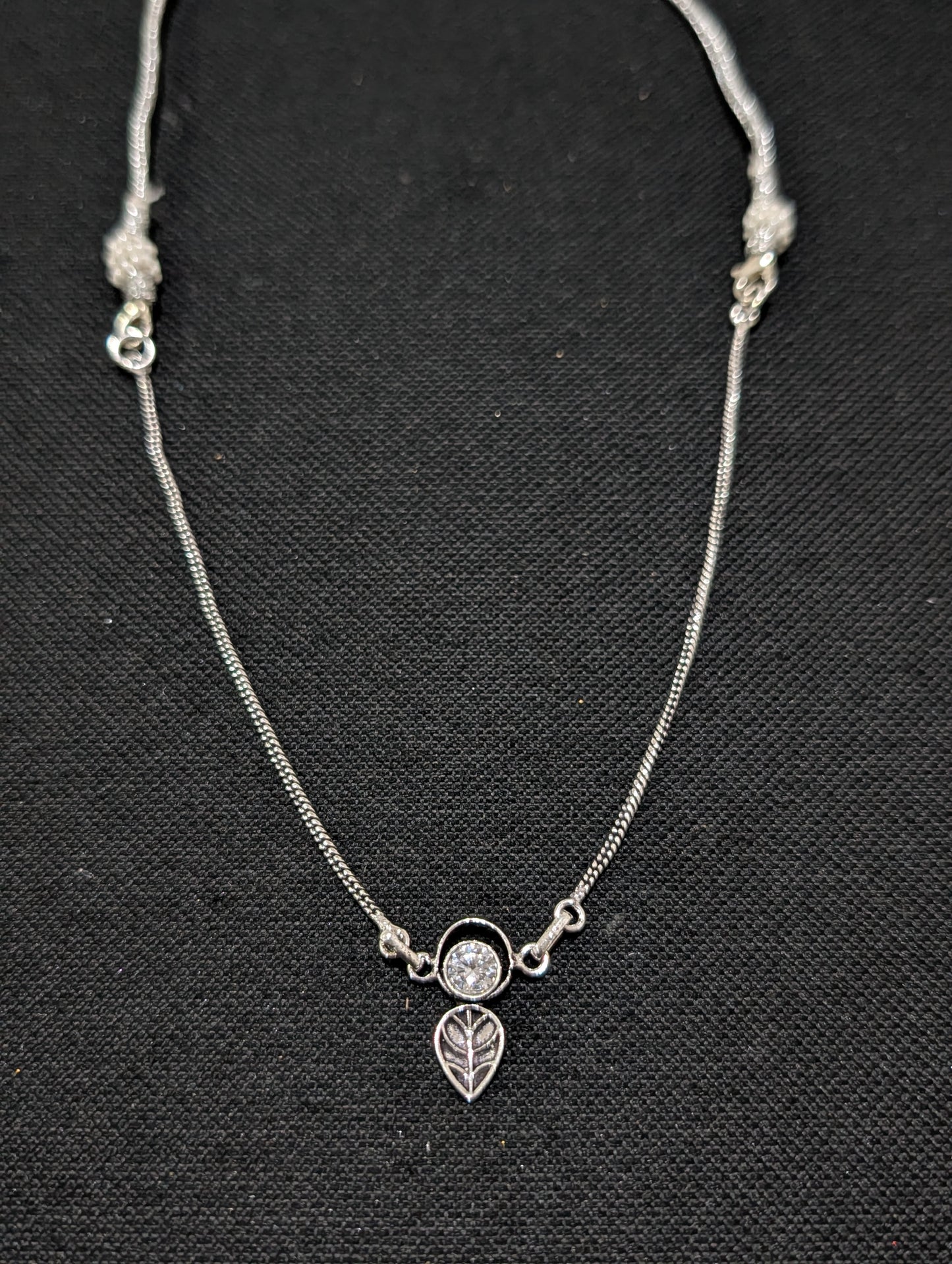 Oxidized silver Leaf charm CZ Choker Necklace - Simpliful