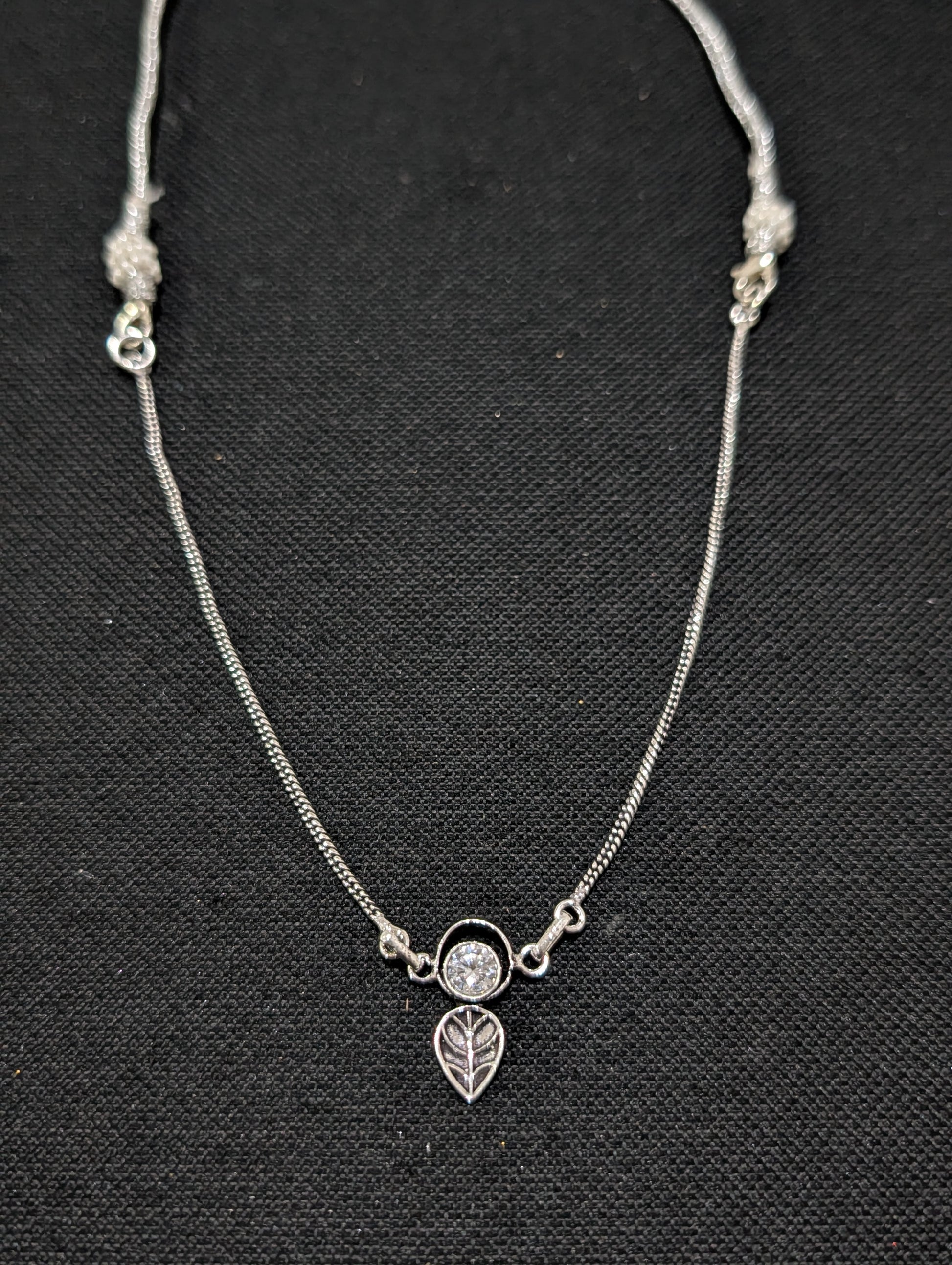 Oxidized silver Leaf charm CZ Choker Necklace - Simpliful