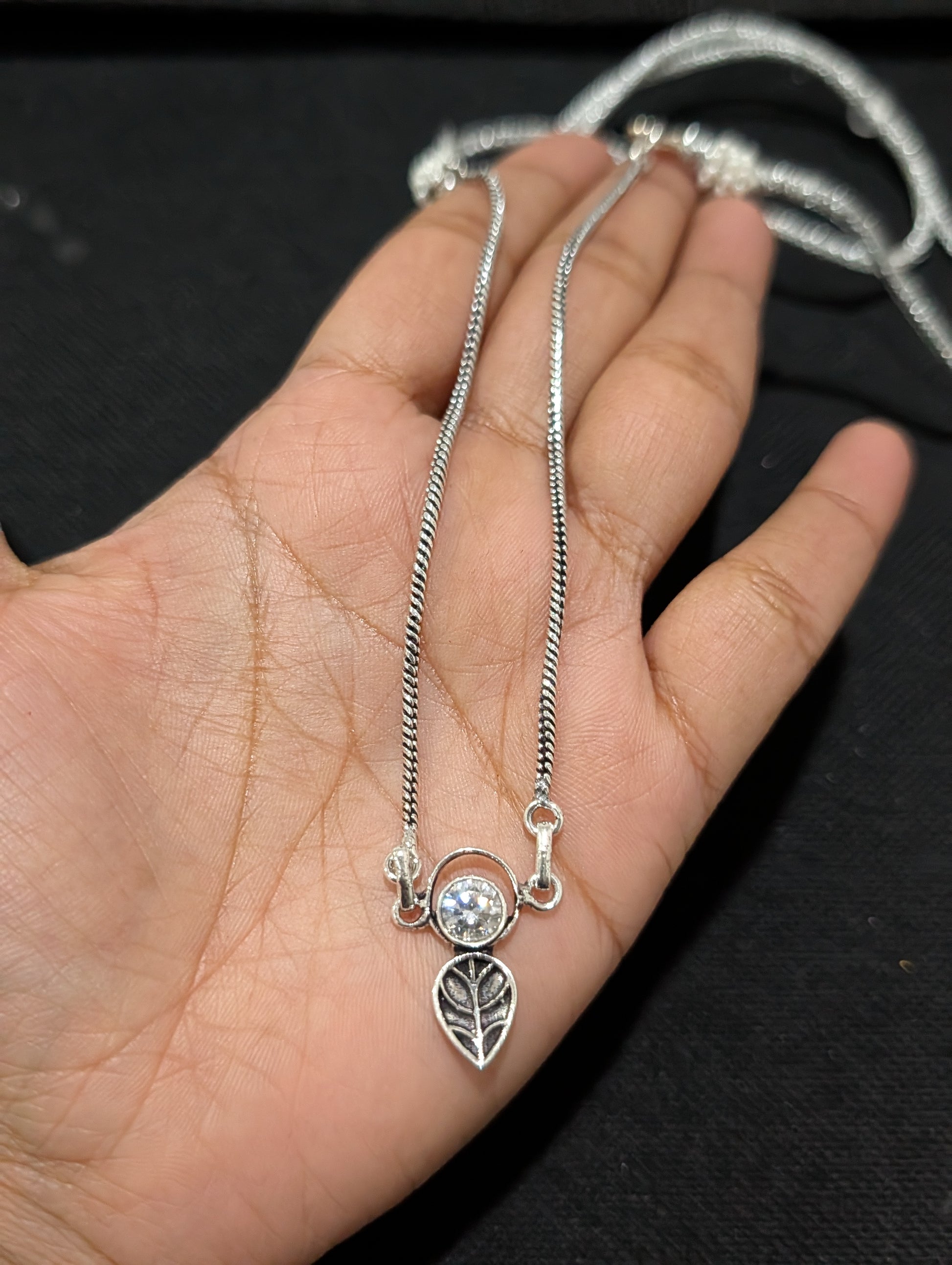 Oxidized silver Leaf charm CZ Choker Necklace - Simpliful