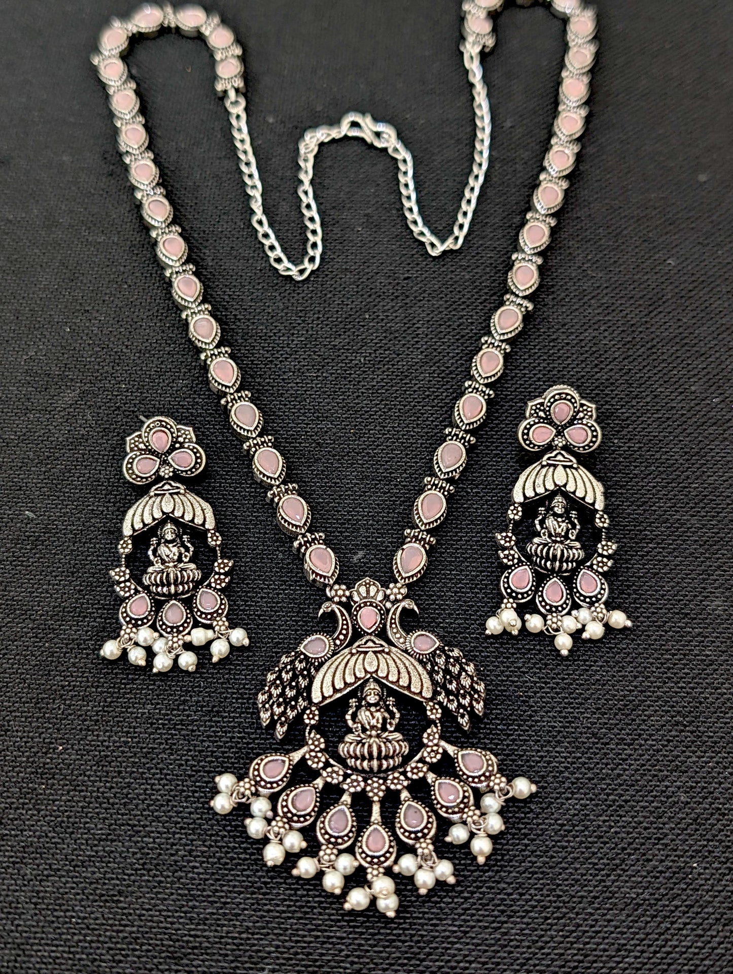 Oxidized Silver Goddess Lakshmi design Haram and earrings set - Simpliful