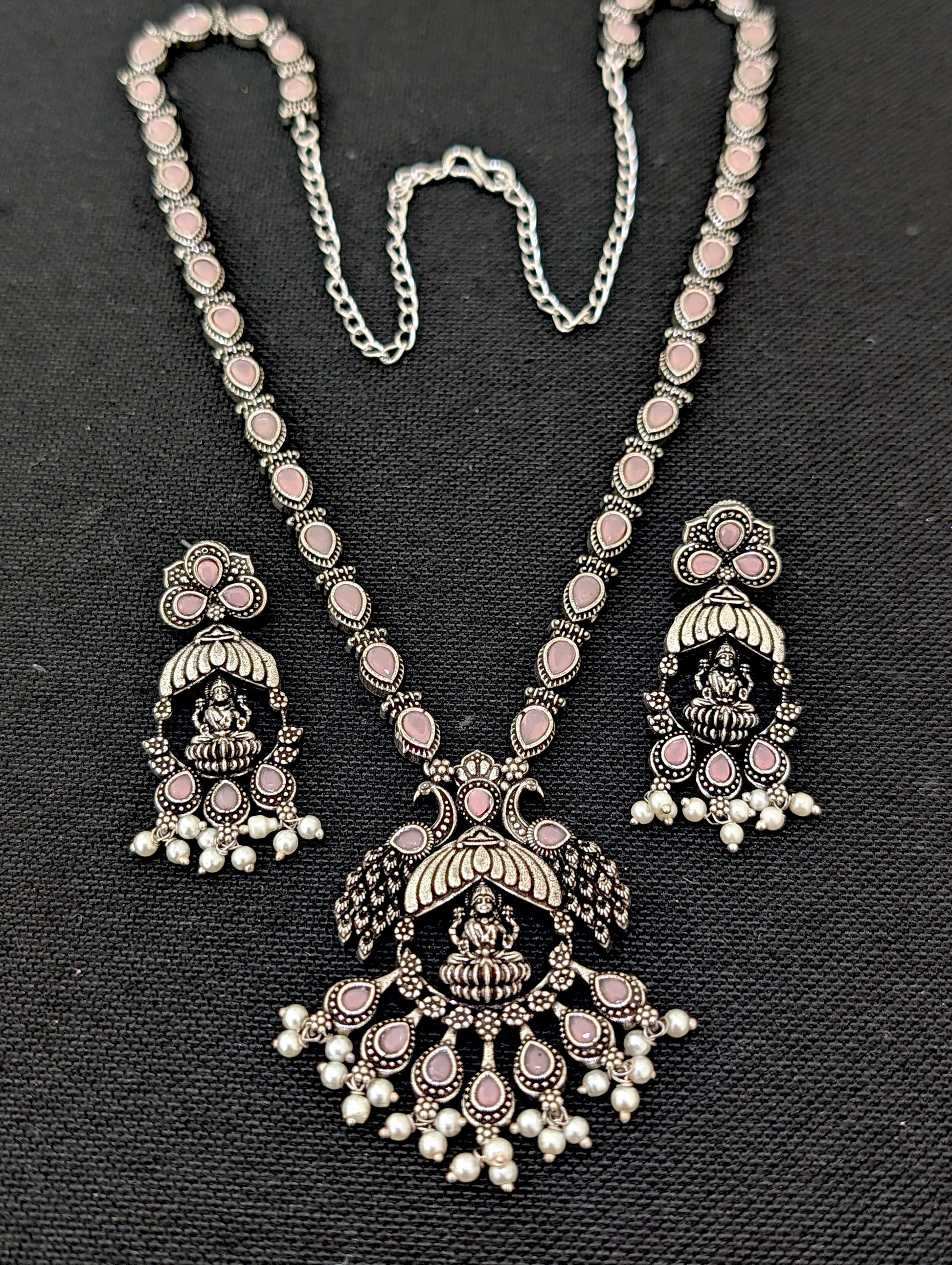 Oxidized Silver Goddess Lakshmi design Haram and earrings set - Simpliful