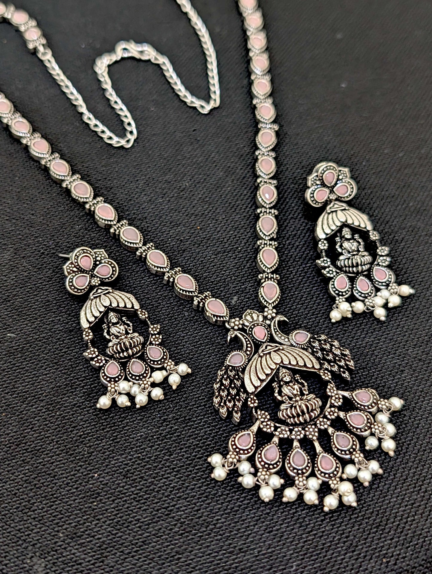 Oxidized Silver Goddess Lakshmi design Haram and earrings set - Simpliful