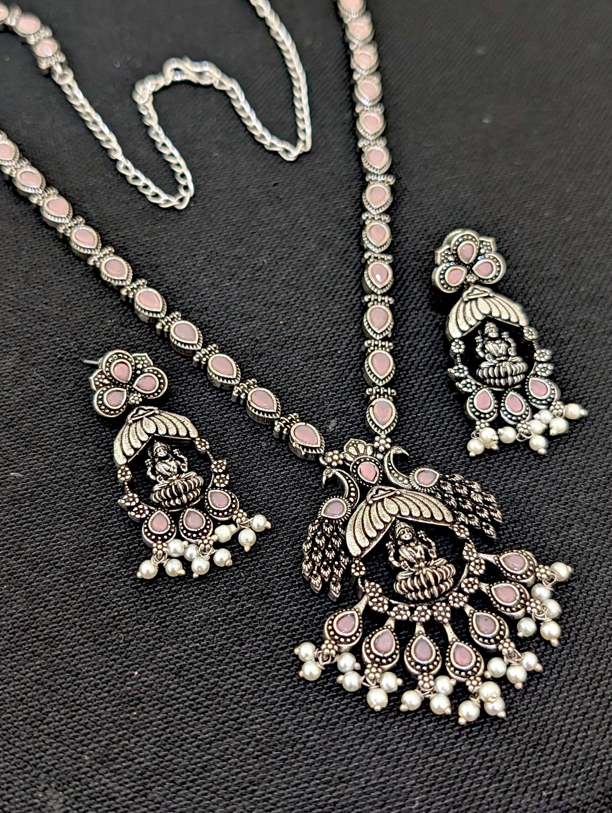 Oxidized Silver Goddess Lakshmi design Haram and earrings set - Simpliful