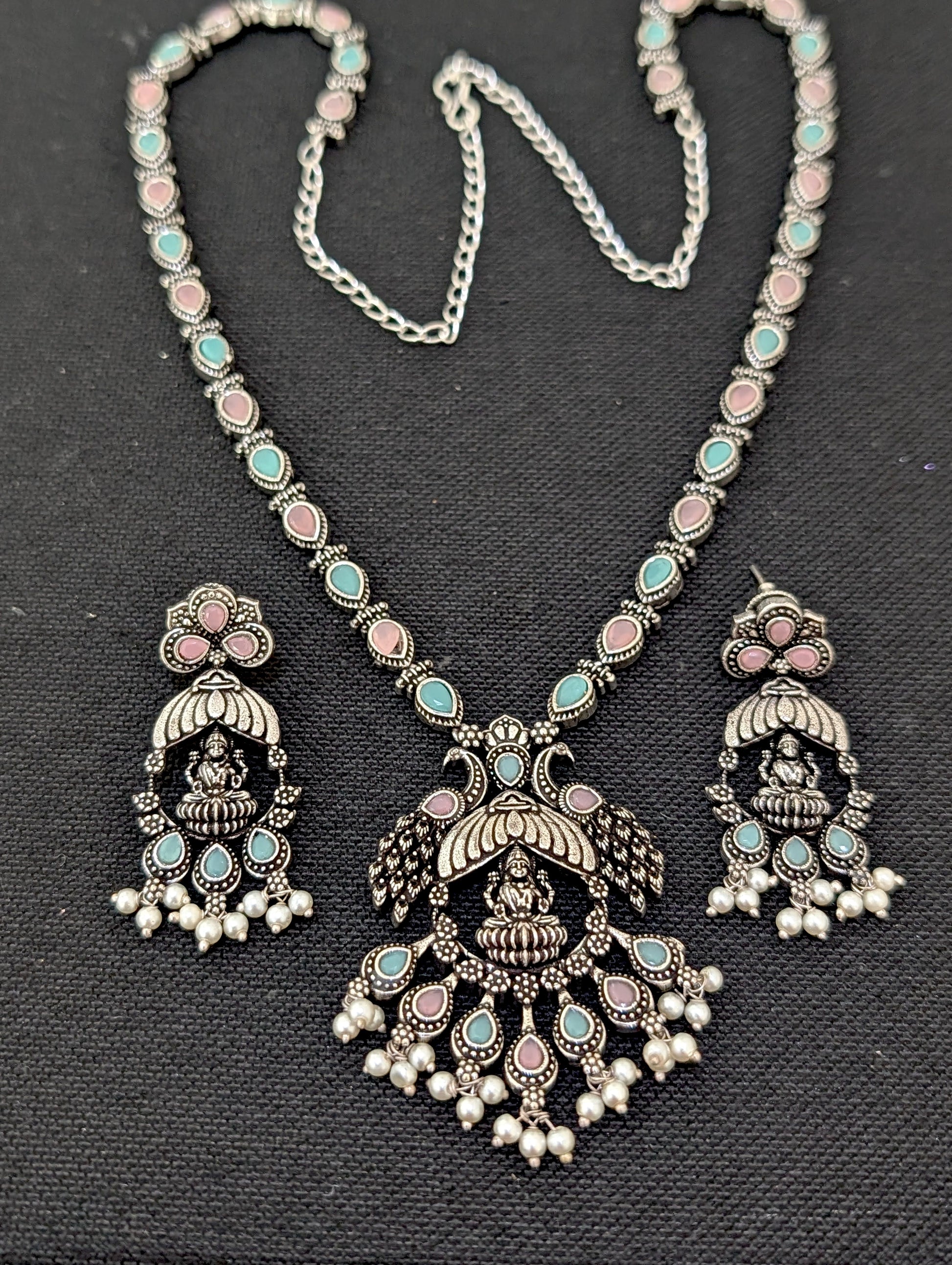 Oxidized Silver Goddess Lakshmi design Haram and earrings set - Simpliful